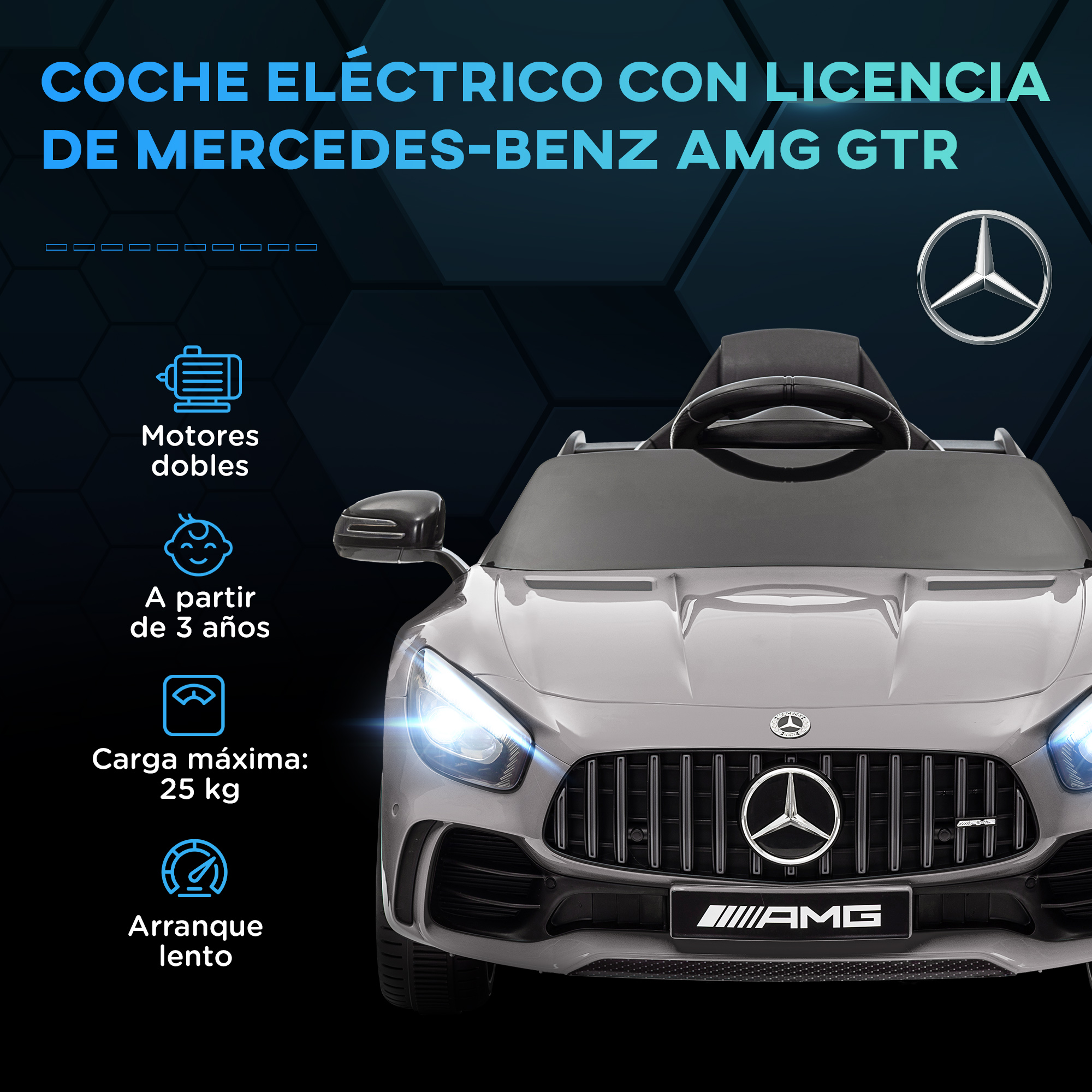 Un coche eléctrico gris Mercedes-Benz AMG GTR para niños.