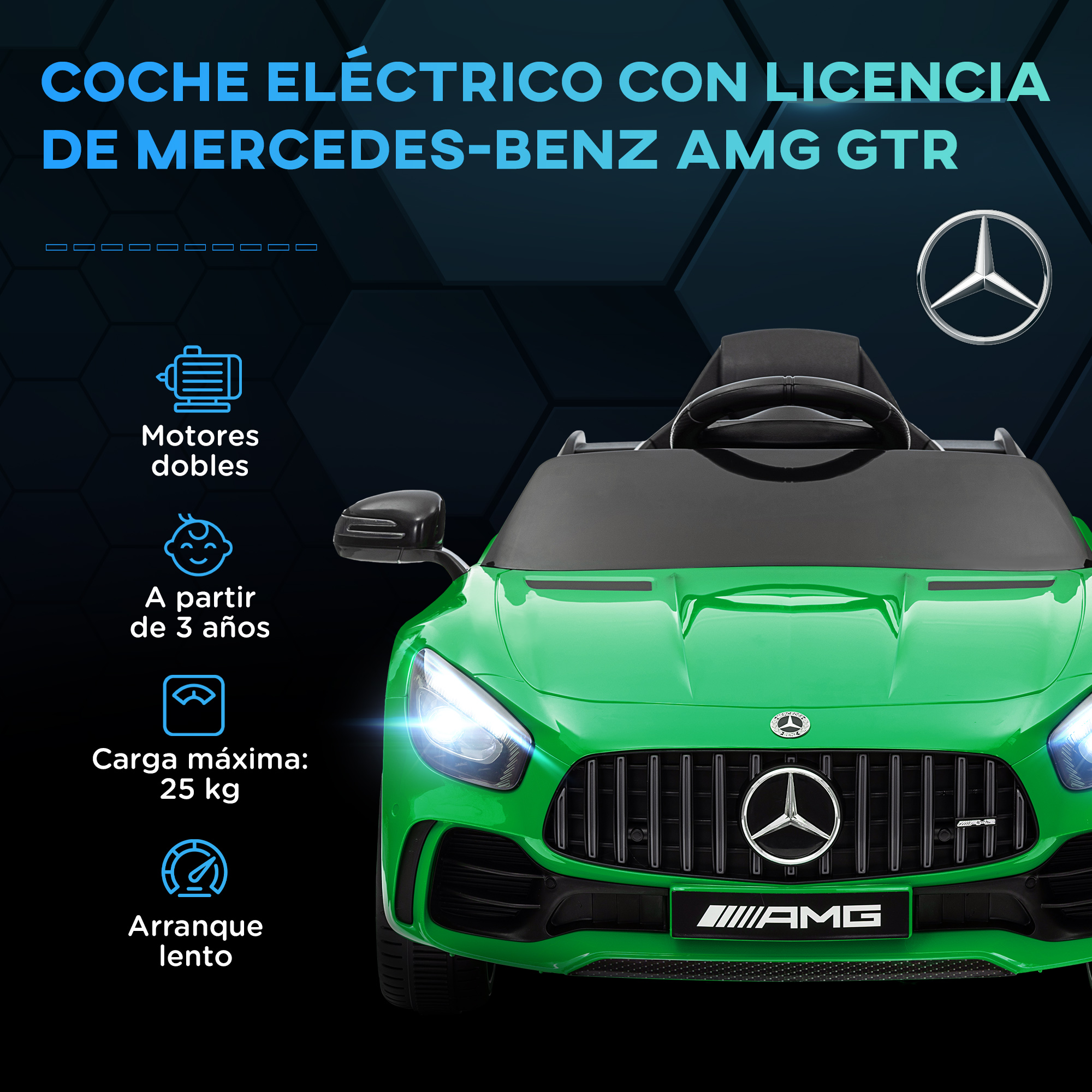 Coche de juguete verde Mercedes-Benz AMG GTR con iconos de motor eléctrico y especificaciones.