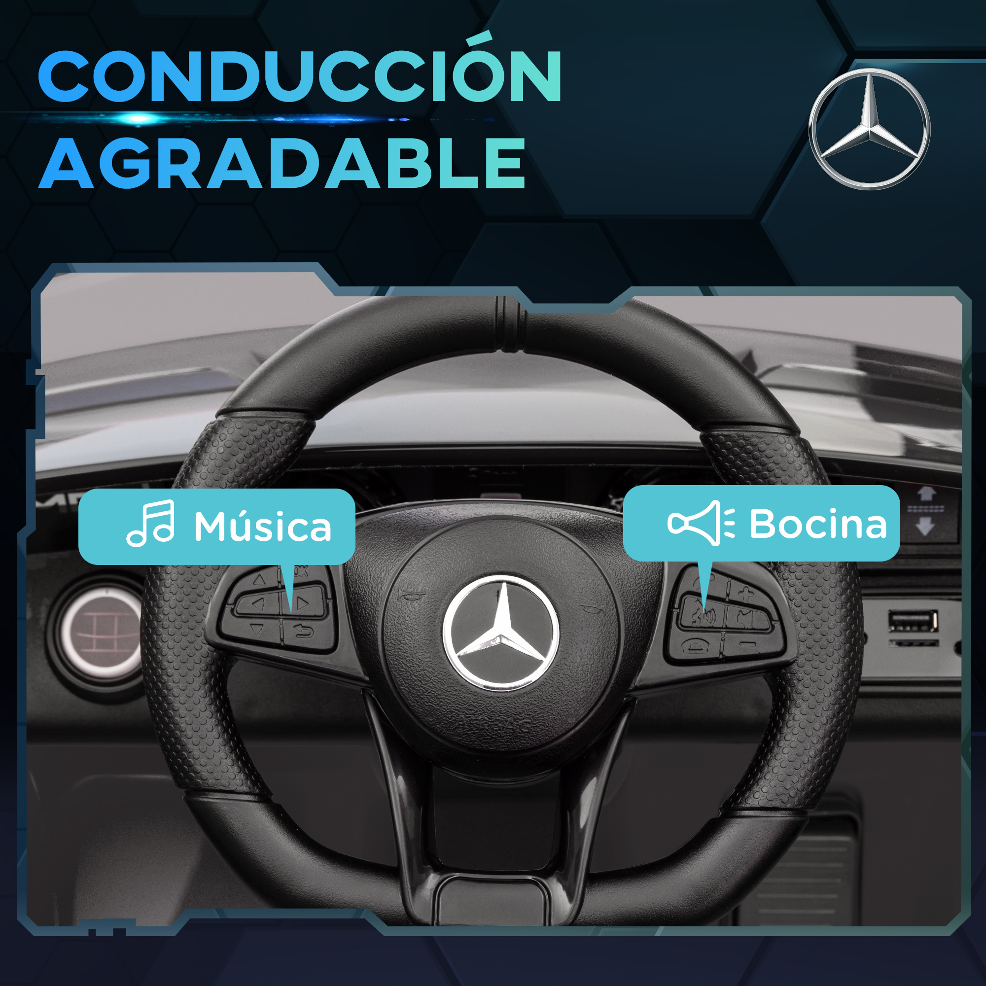 Volante de un coche de juguete con botones de música y bocina y el texto 'CONDUCCIÓN AGRADABLE'.