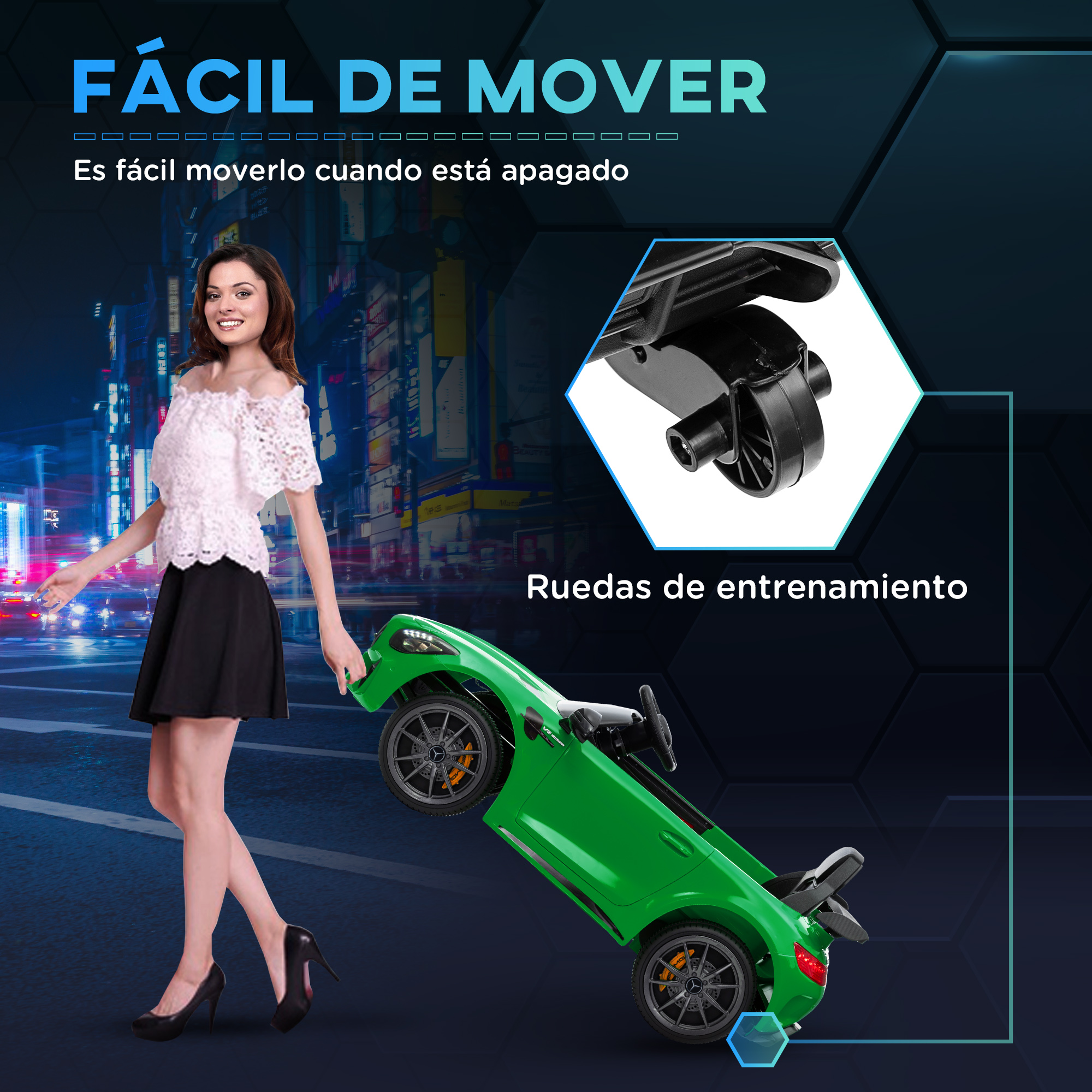 Una mujer con un coche verde inclinado. La imagen contiene texto que dice que es fácil de mover.
