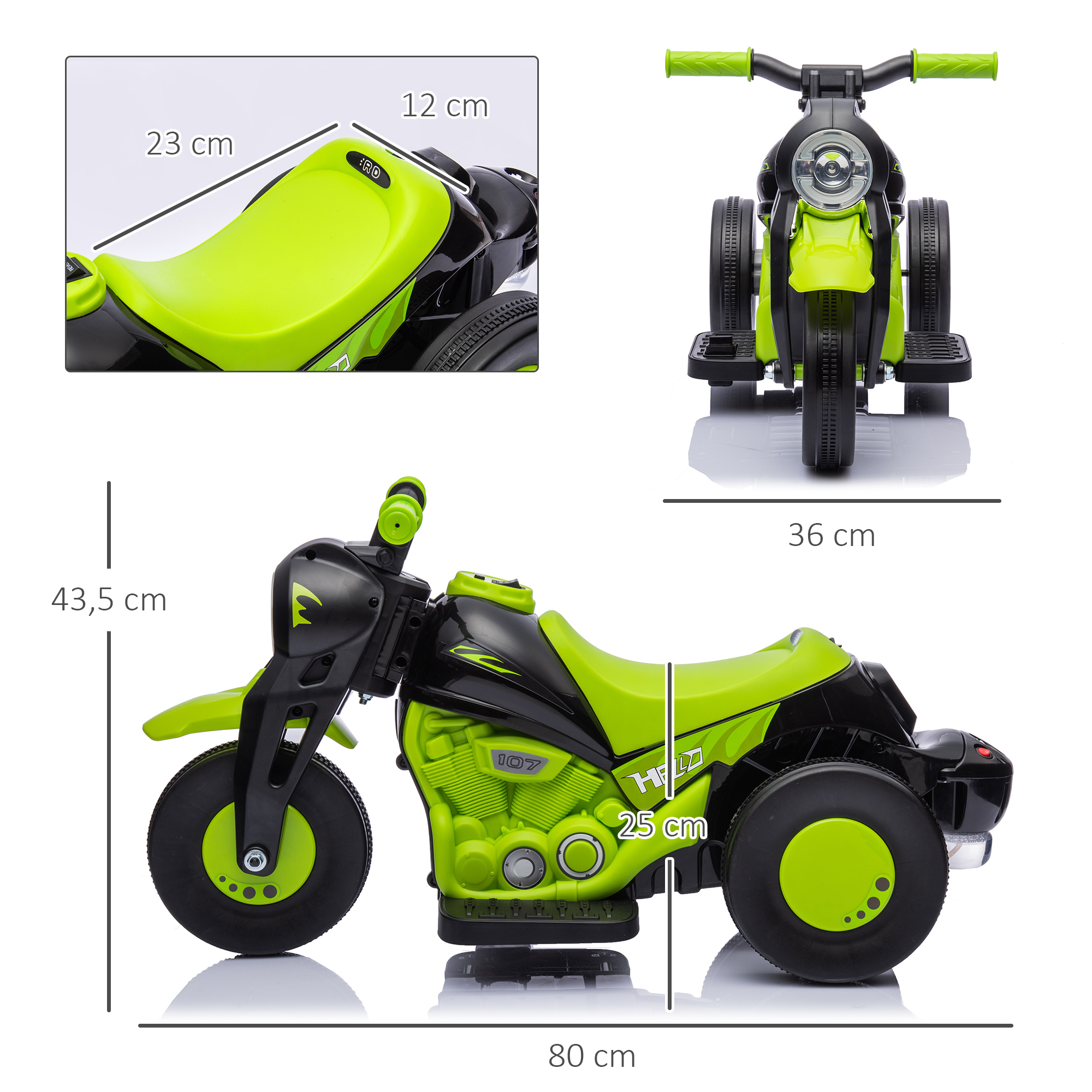 Una moto de juguete verde y negra, con medidas, vista desde múltiples ángulos.