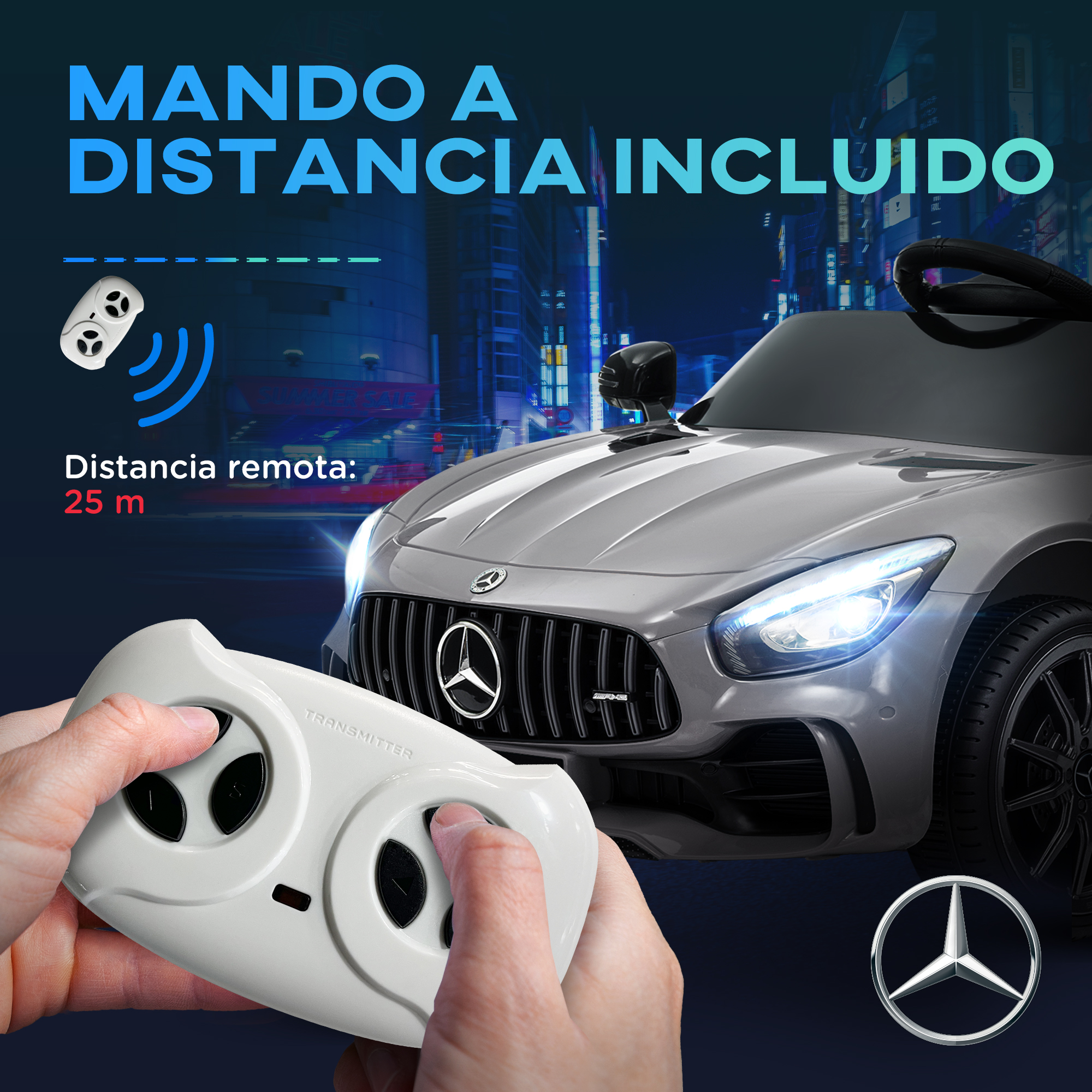 Un coche de juguete gris con mando a distancia. El mando está delante de una mano. Fondo: luces de la ciudad.