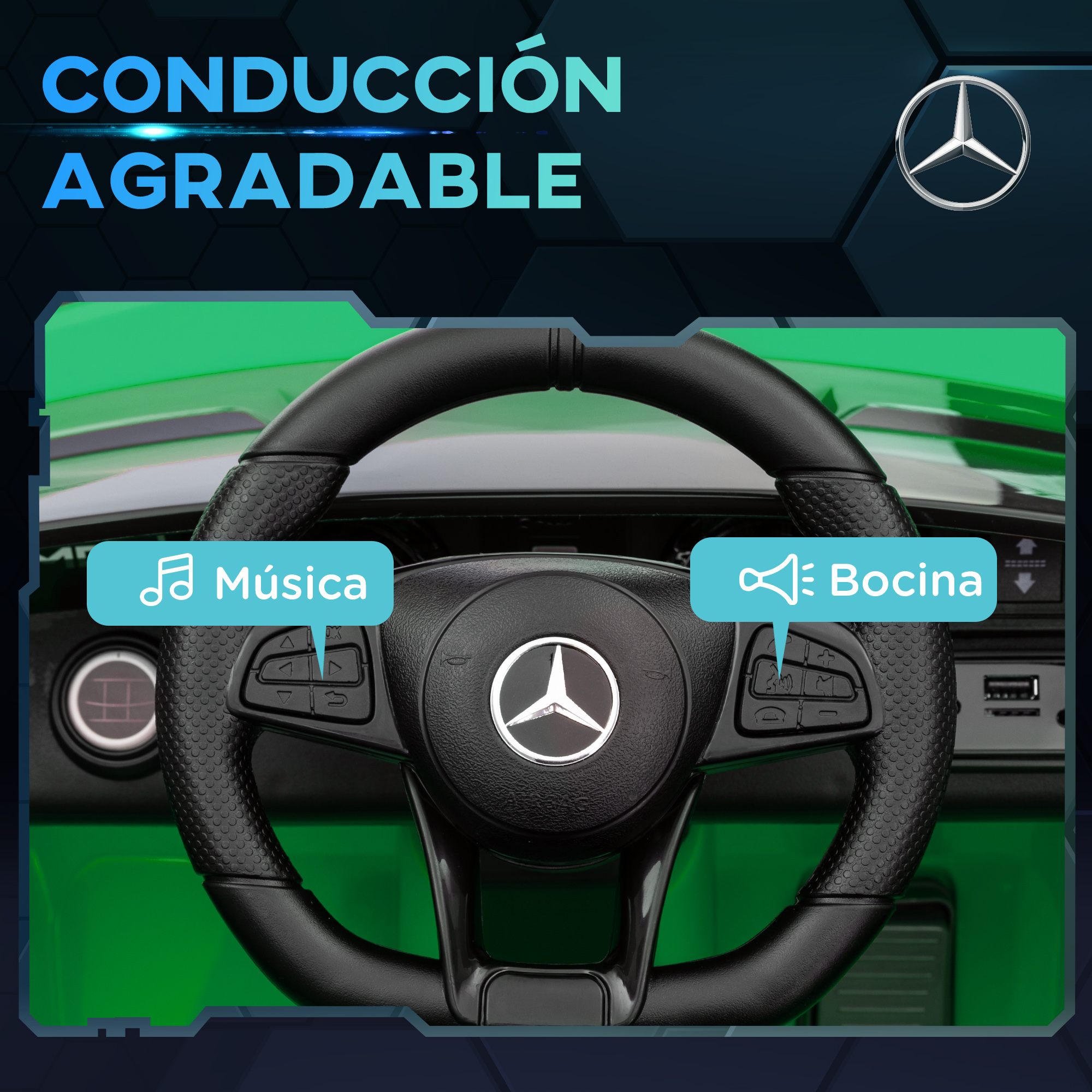 Volante de un coche verde. Tiene un logo de Mercedes. El fondo es azul.