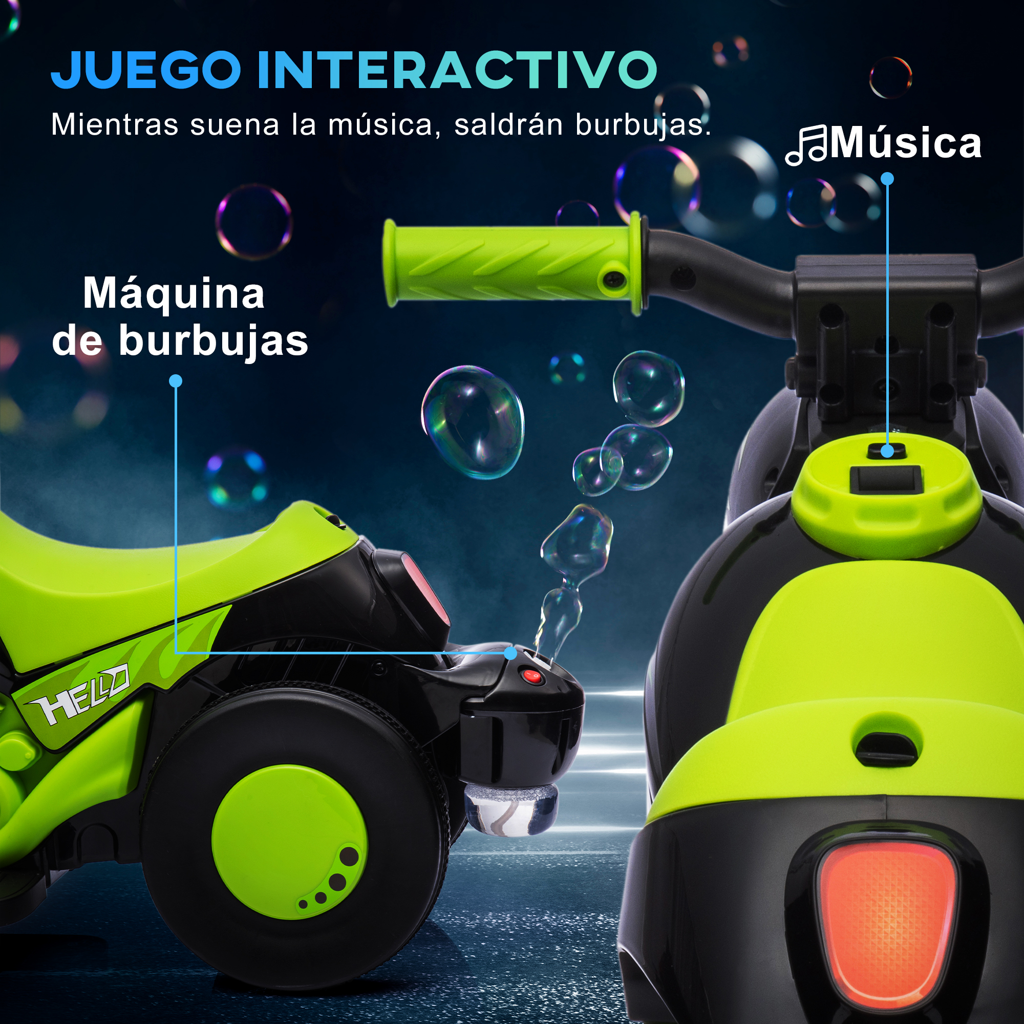 Moto de juguete verde y negra con burbujas saliendo. Texto y notas musicales presentes.