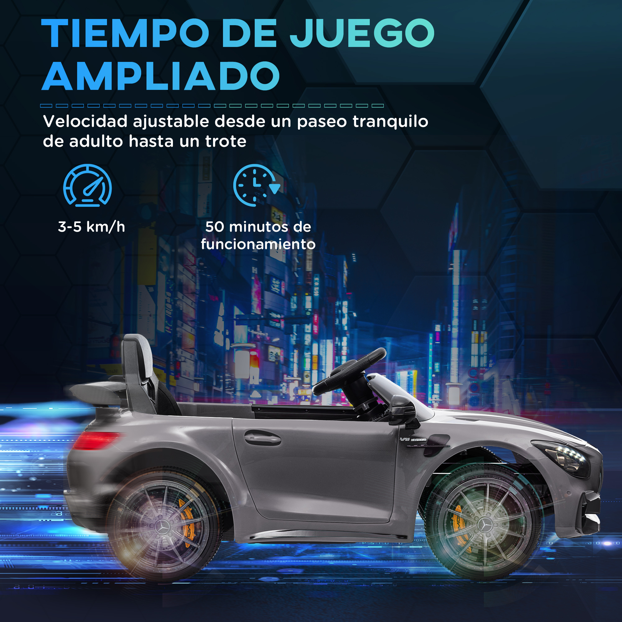 Coche de juguete gris con texto. Textos: "Tiempo de Juego Ampliado", "3-5 km/h", "50 minutos de funcionamiento".