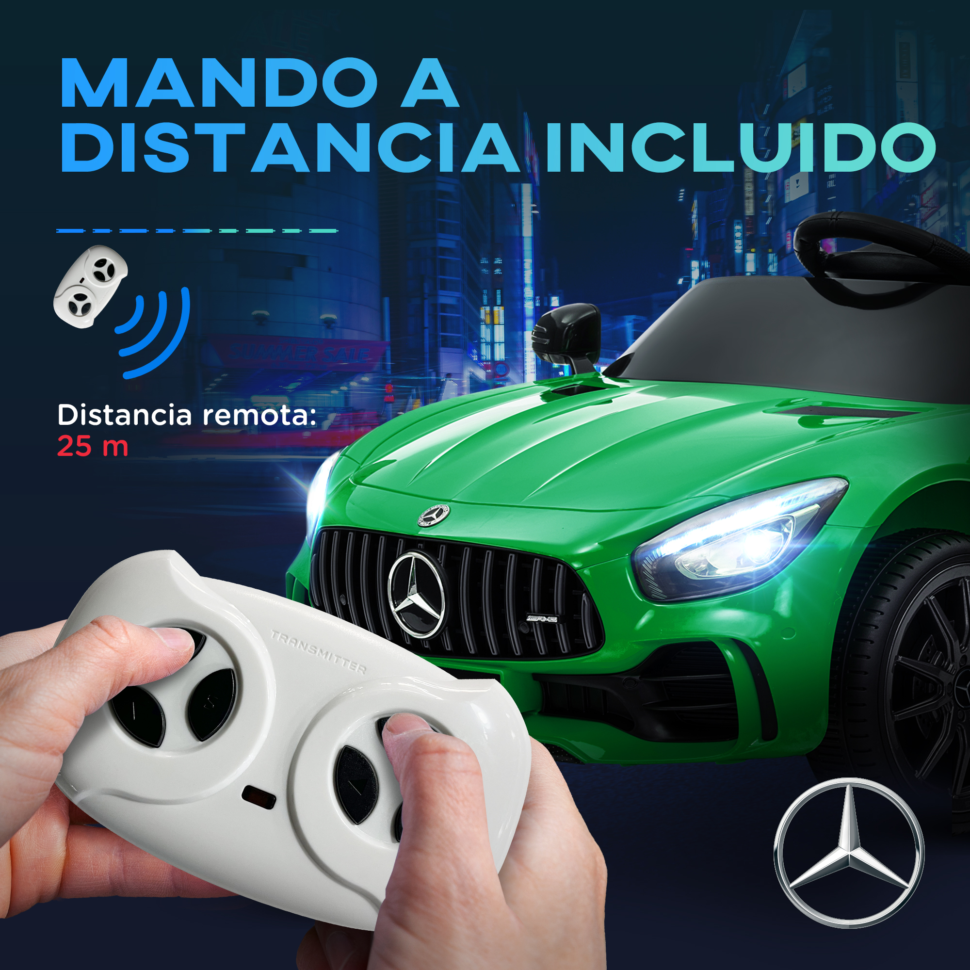 Coche de juguete verde con mando a distancia. Fondo blanco.