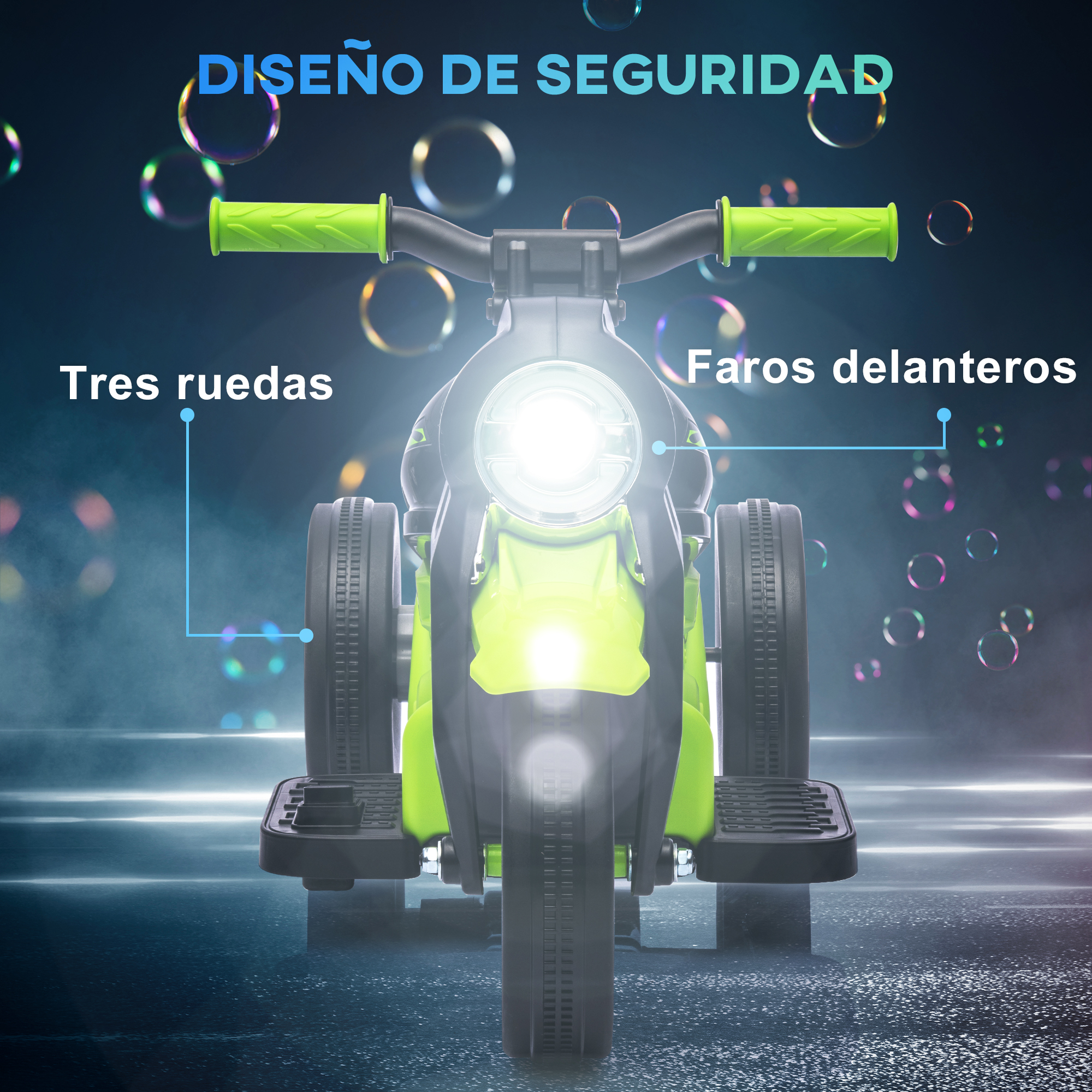 Triciclo eléctrico infantil con tres ruedas, faro y empuñaduras verdes.