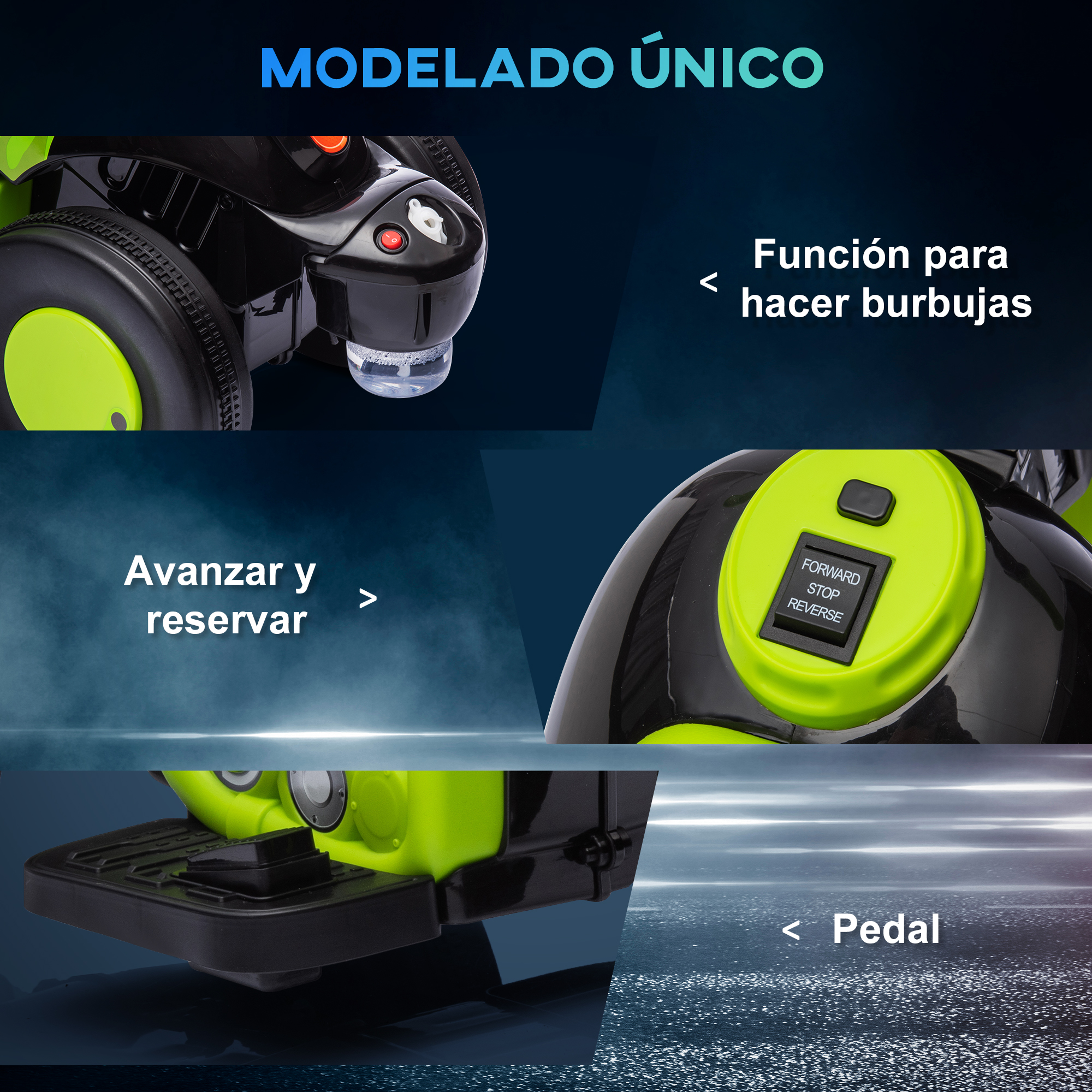 Detalles de vehículo de juguete: función de burbujas, adelante/atrás y pedal. Combinación de colores negro y verde.
