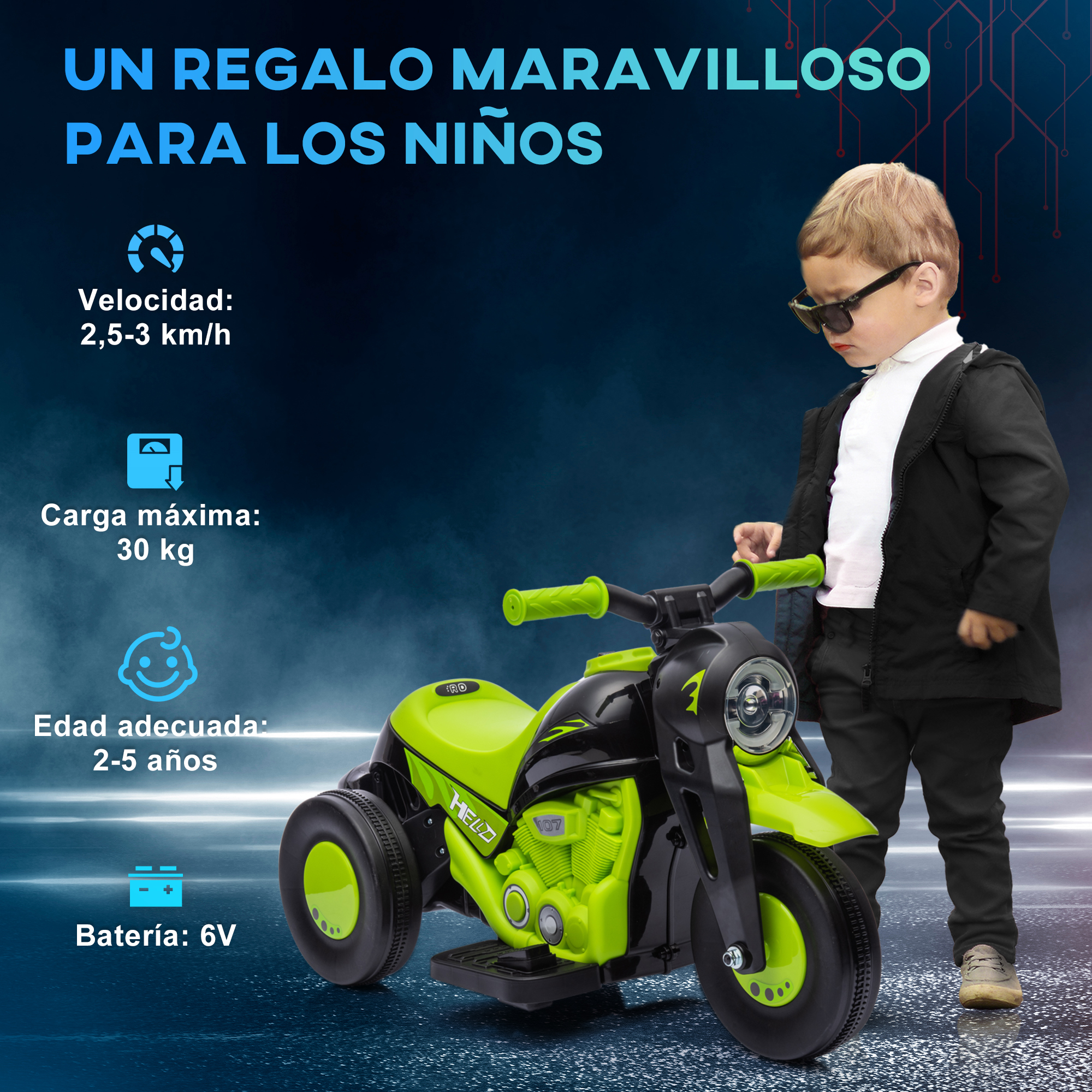 Moto de juguete verde y negra con un niño con gafas de sol.