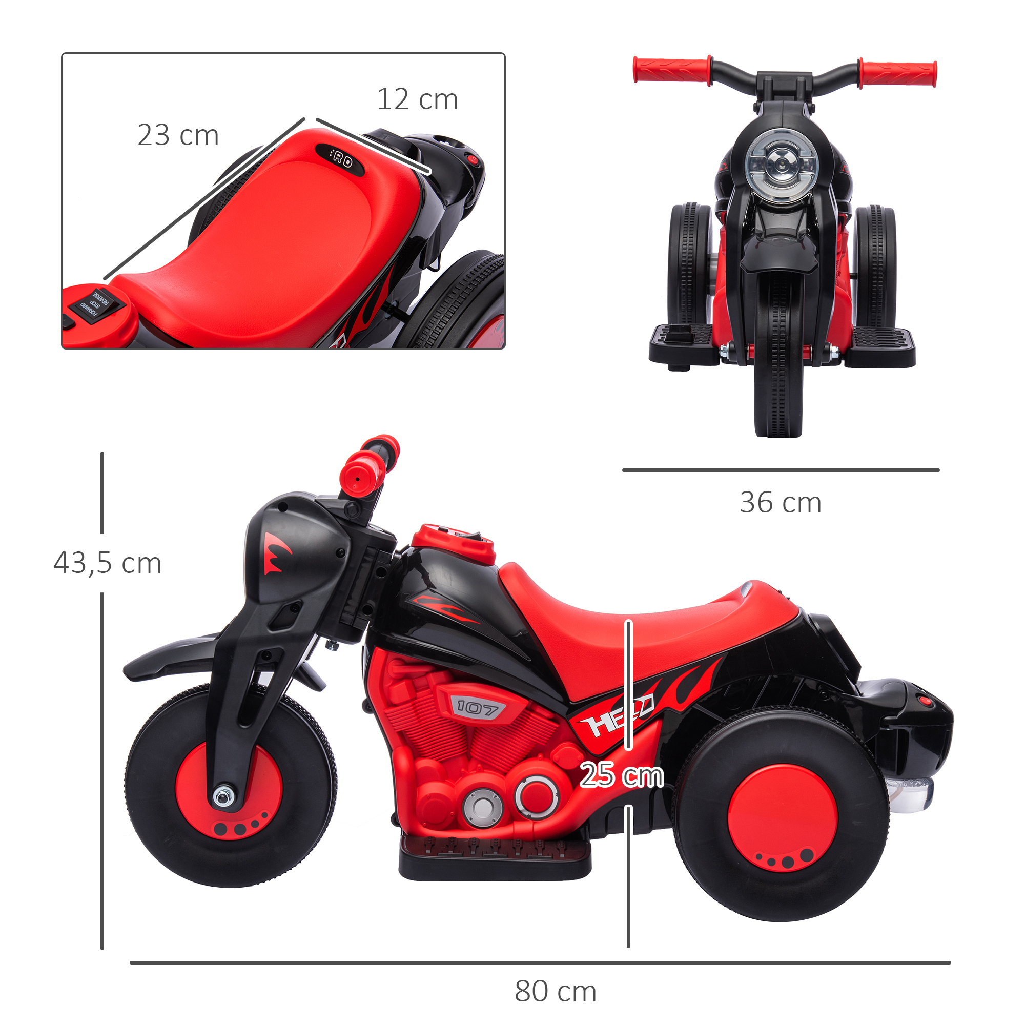 Motocicleta de juguete roja y negra. Se muestran las dimensiones. Se proporcionan vistas frontal, lateral y superior.