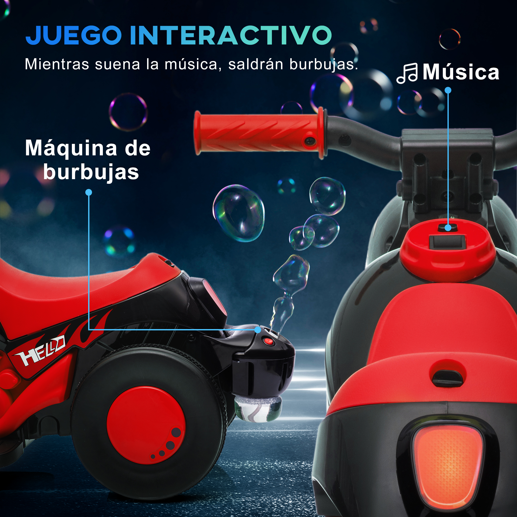 Vehículo de juguete con burbujas saliendo. Combinación de colores rojo y negro.
