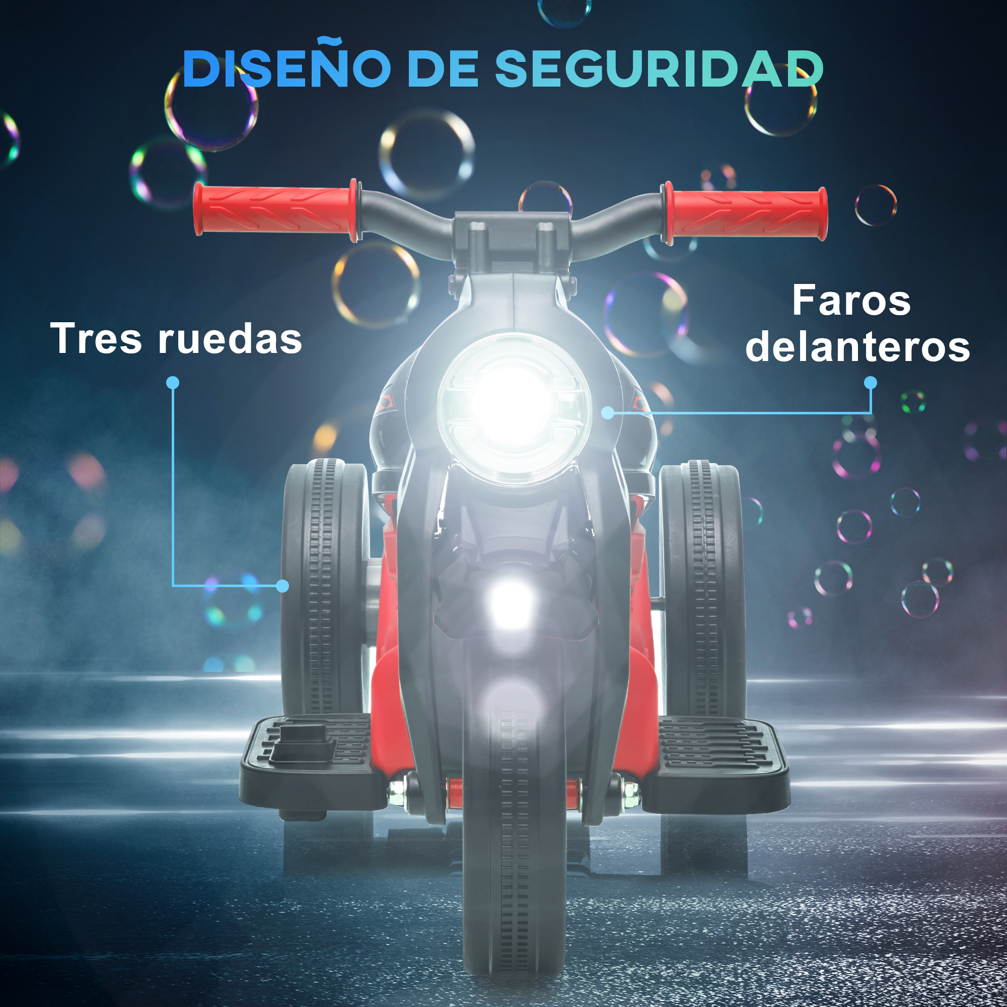 Moto de juguete roja y negra con luz brillante y tres ruedas.
