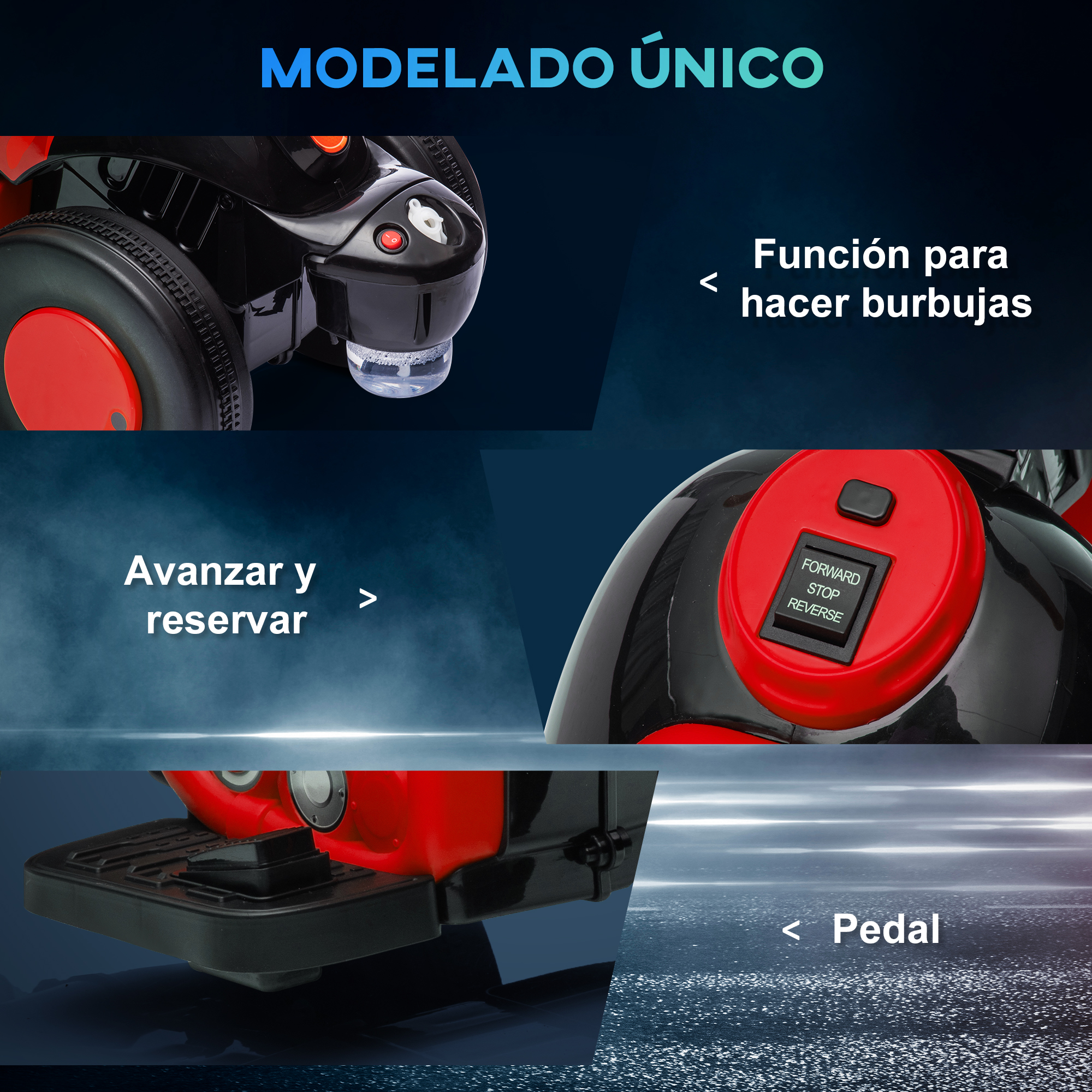 Detalles del coche de juguete: función de burbujas, botón adelante/atrás y pedal.