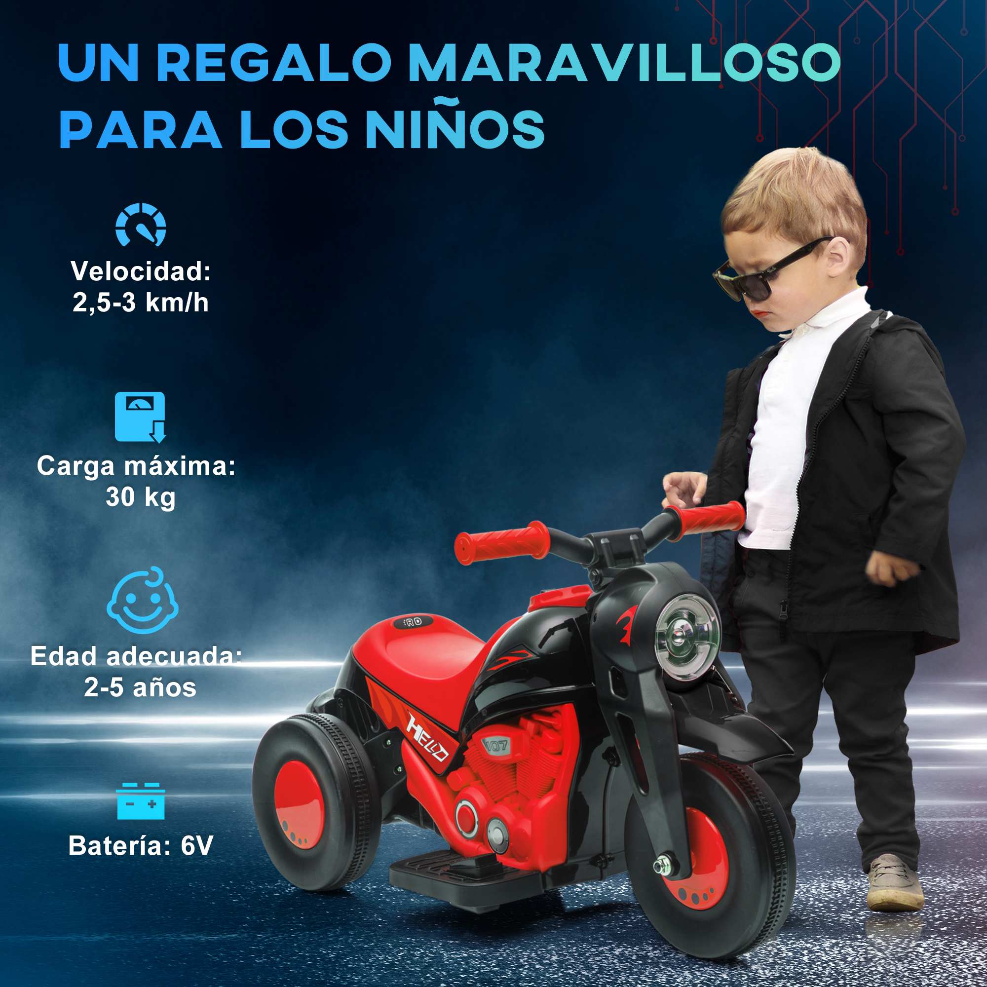 Moto de juguete roja con un niño. Texto sobre regalo y edad.