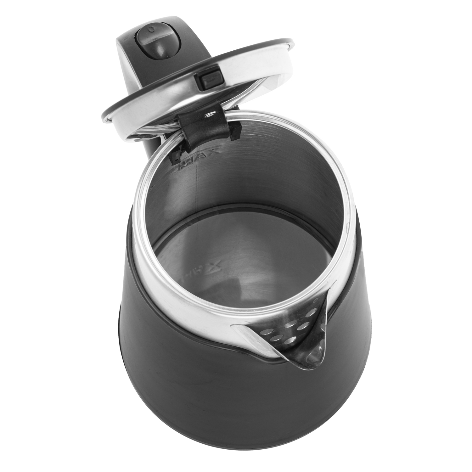 Wnętrze czarnego czajnika elektrycznego, pokazujące wnętrze ze srebrną obwódką.