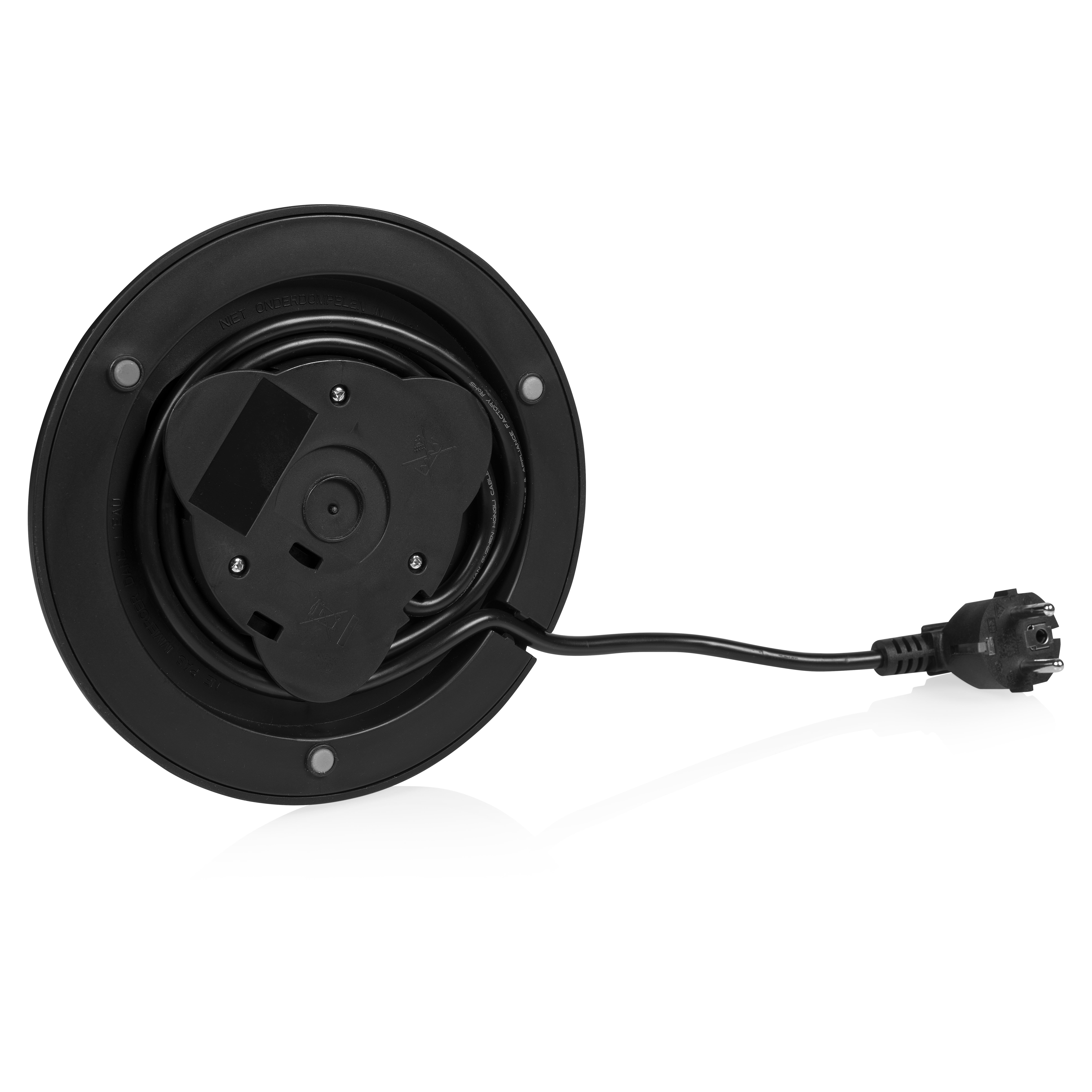 Czarna okrągła podstawa przewodu zasilającego z czarną wtyczką. Wychodzi z niej czarny kabel.