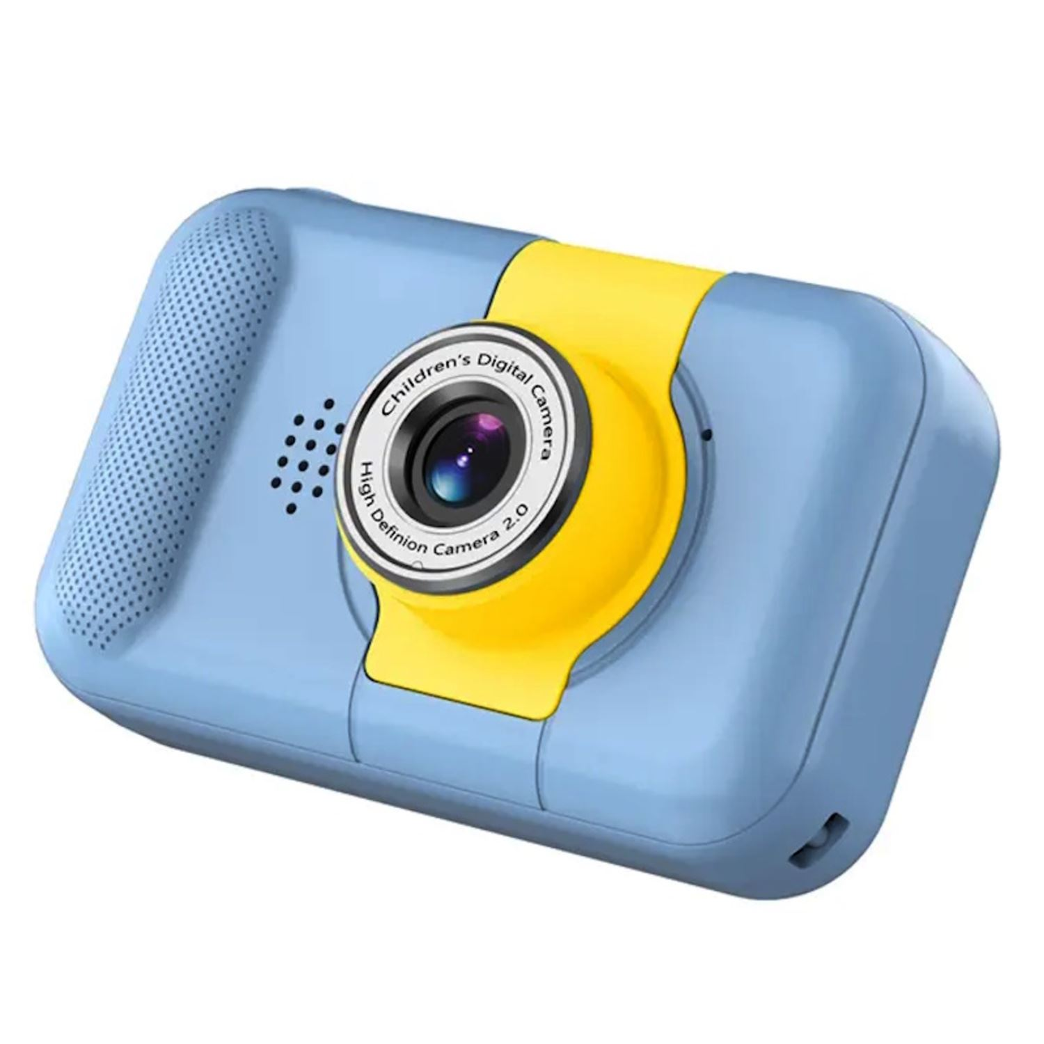 Una fotocamera digitale per bambini blu e gialla con obiettivo e flash.