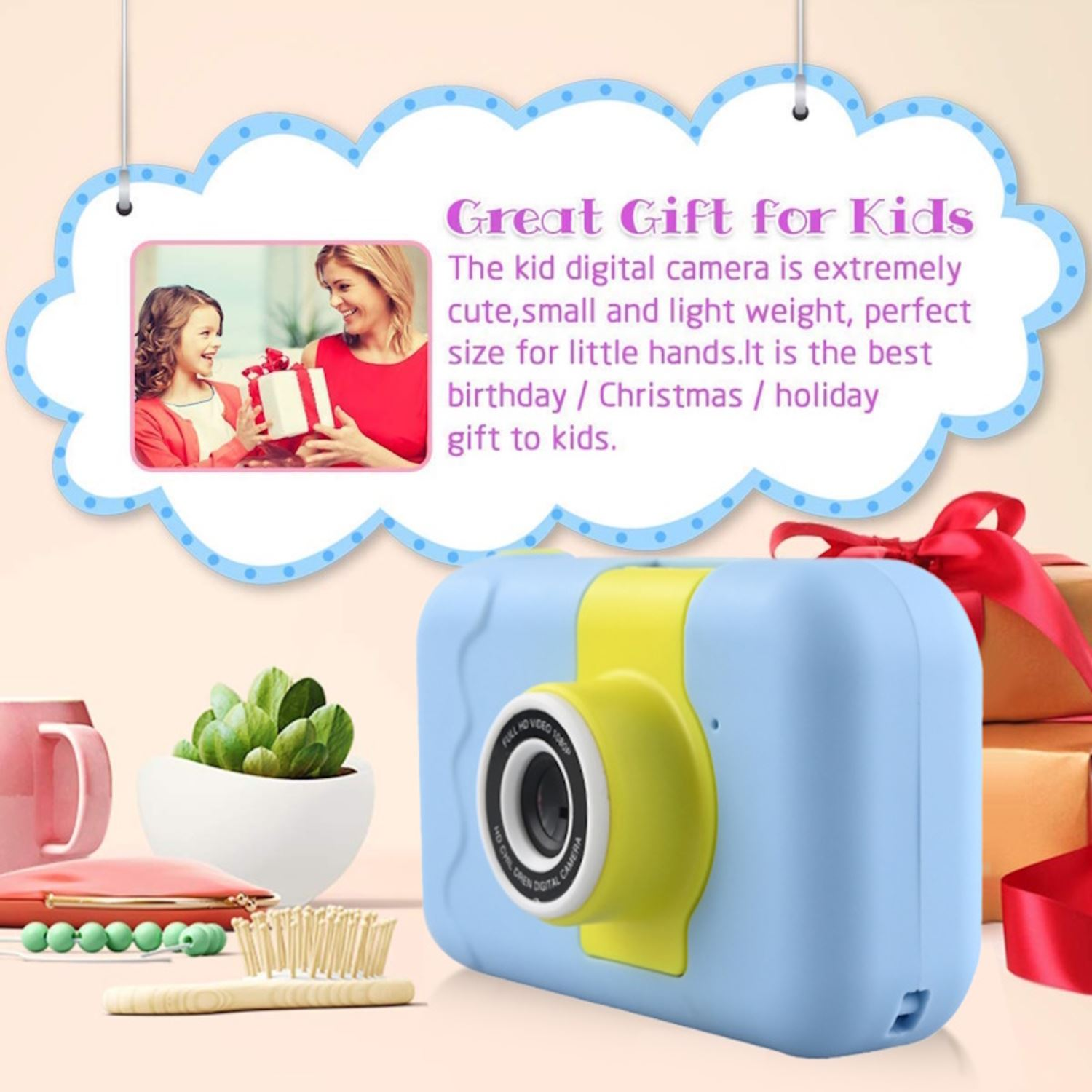 Fotocamera digitale blu e gialla con immagine madre e bambino su forma di nuvola.