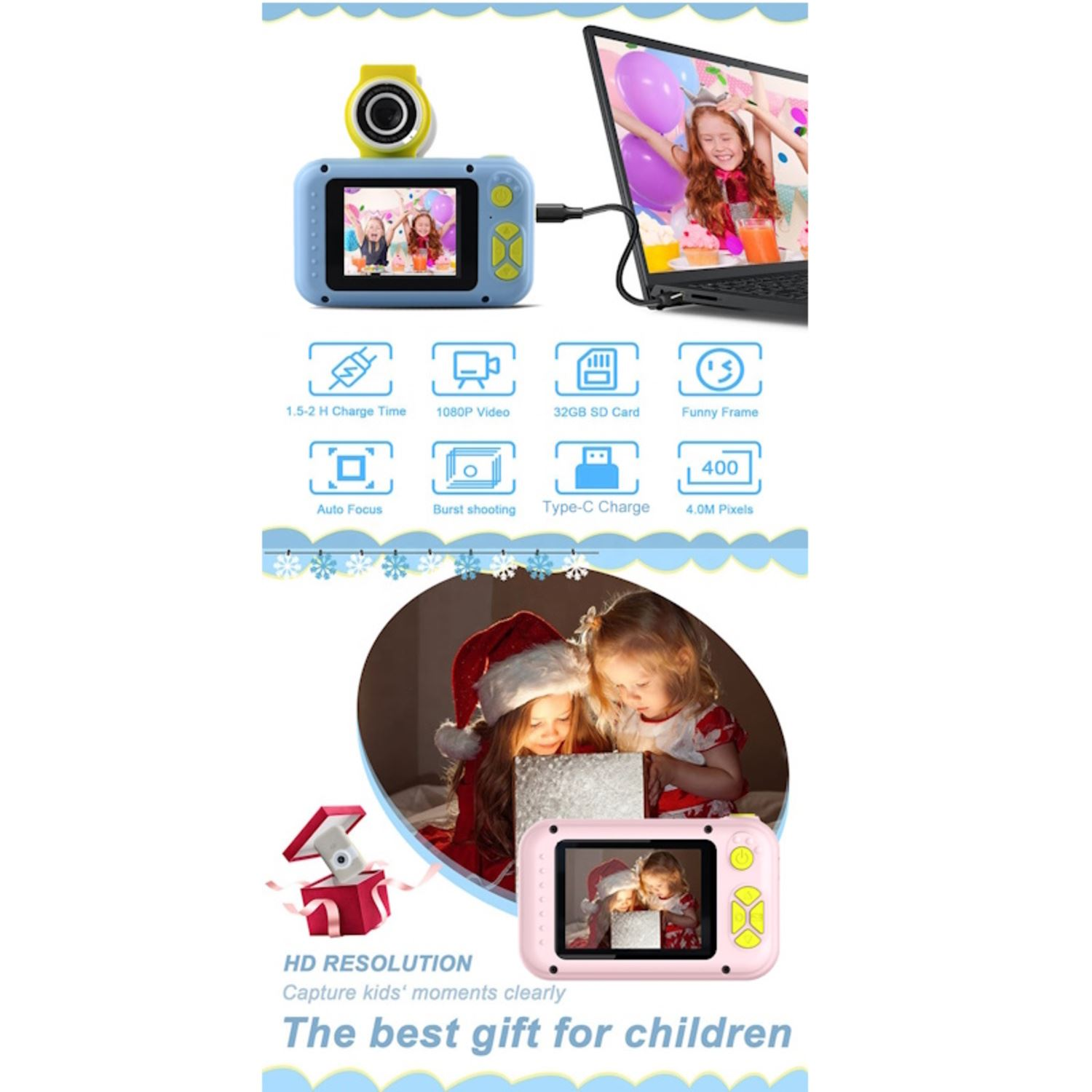 Una fotocamera per bambini blu e rosa con obiettivo giallo. Mostra una bambina che tiene un regalo.