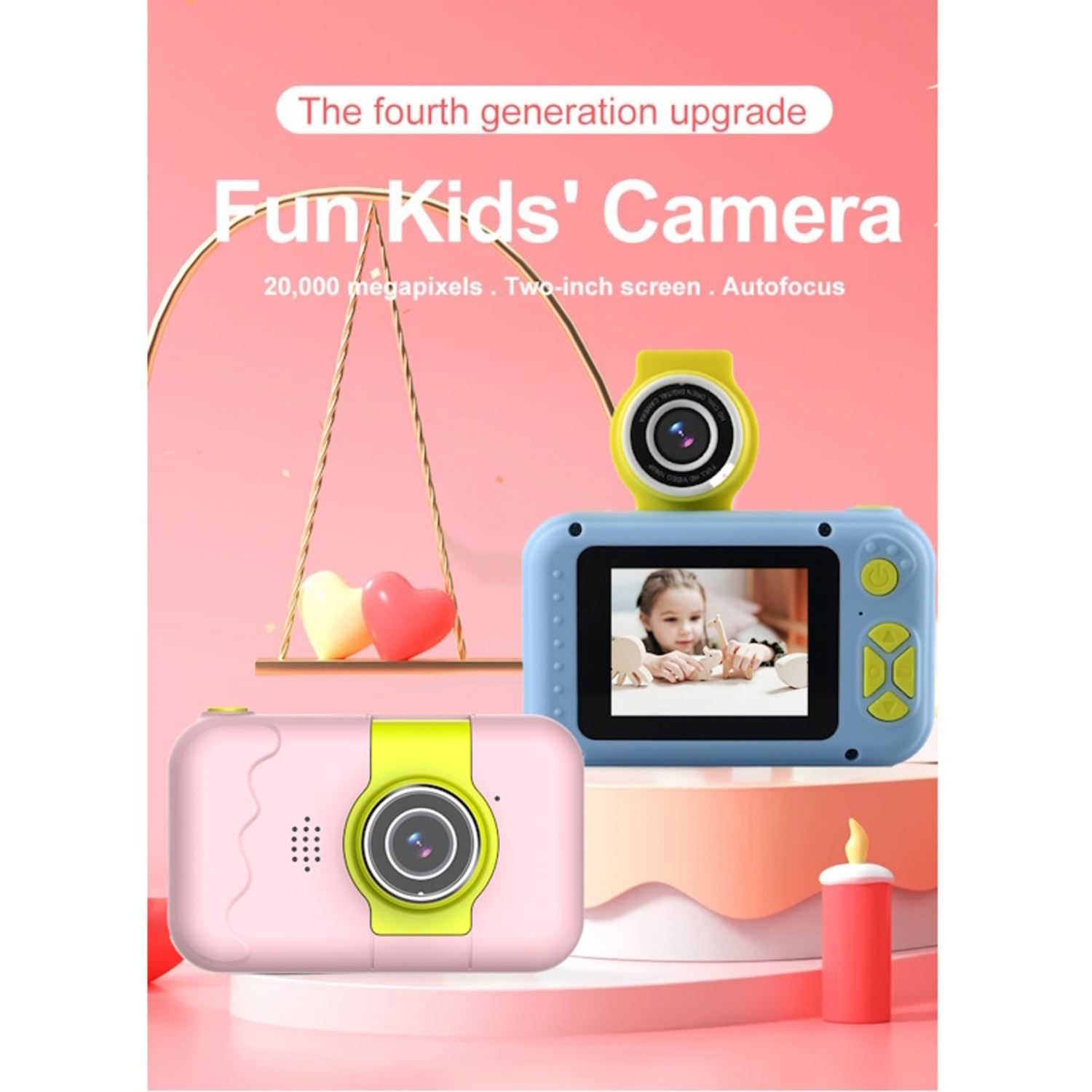 Fotocamera per bambini rosa e blu, due fotocamere. Anche una candela e cuori.