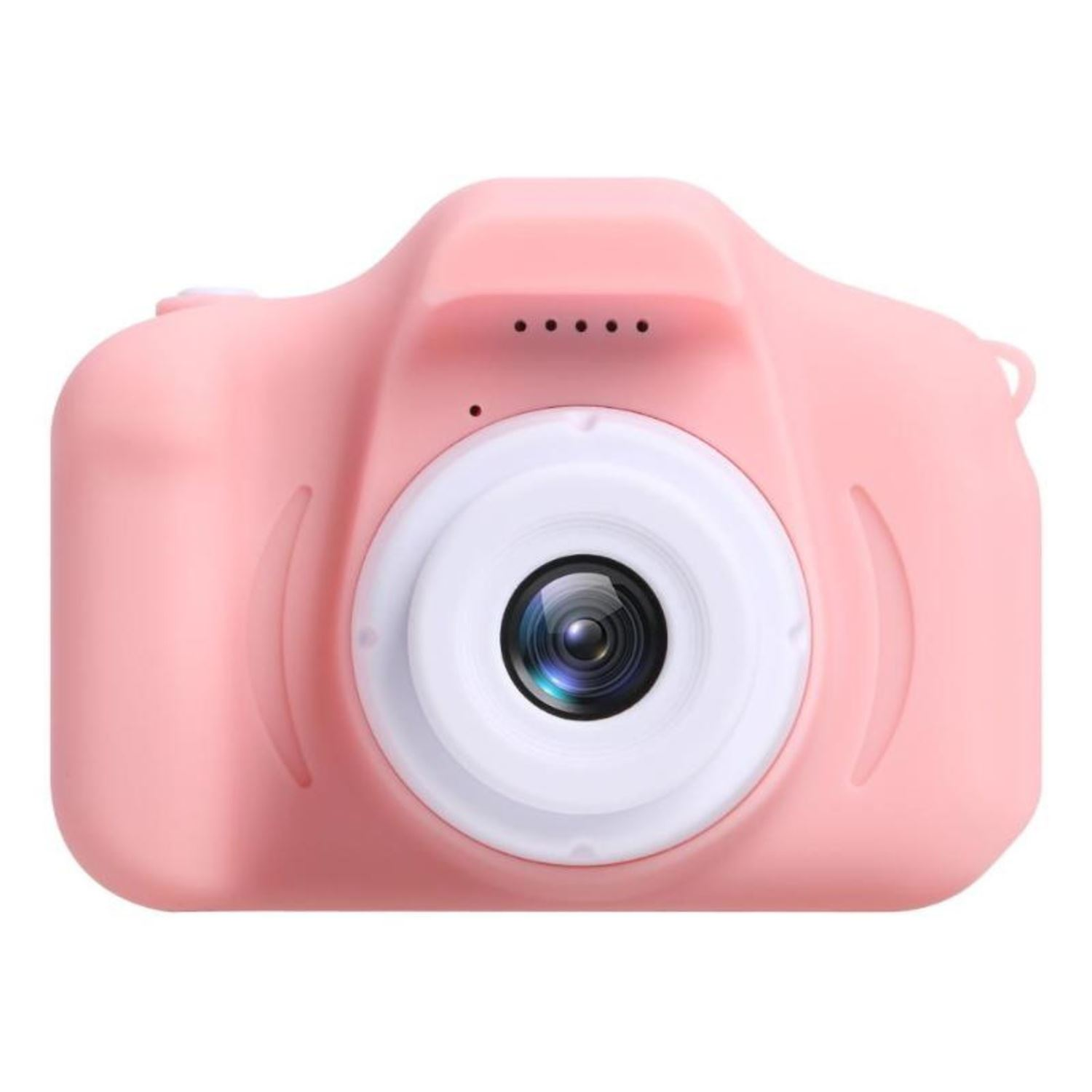 Una fotocamera rosa con lente bianca e pulsanti.