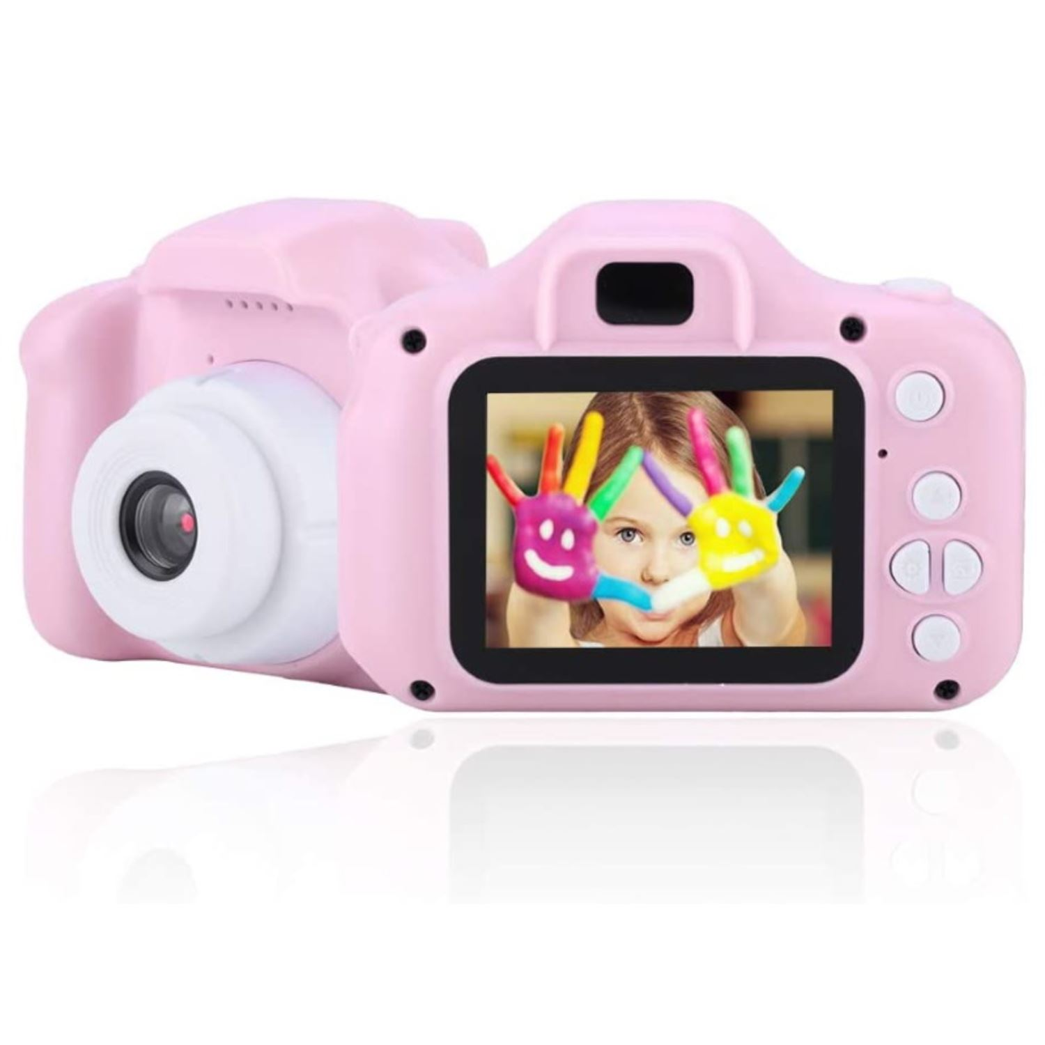 Fotocamera digitale rosa con schermo che mostra mani di bambino dipinte con faccine sorridenti colorate.