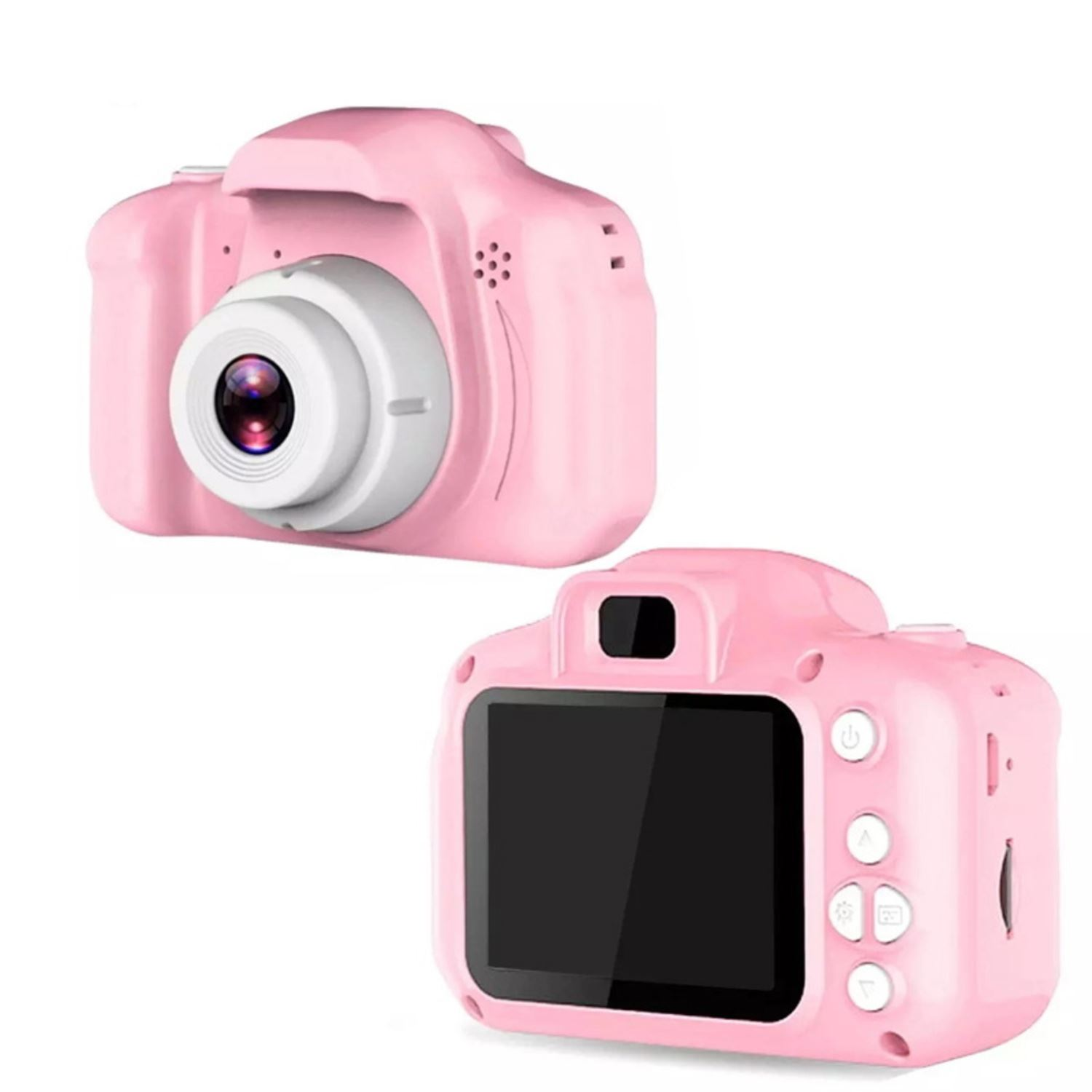 Due fotocamere giocattolo rosa, una rivolta verso lo spettatore e una che mostra il retro con schermo.