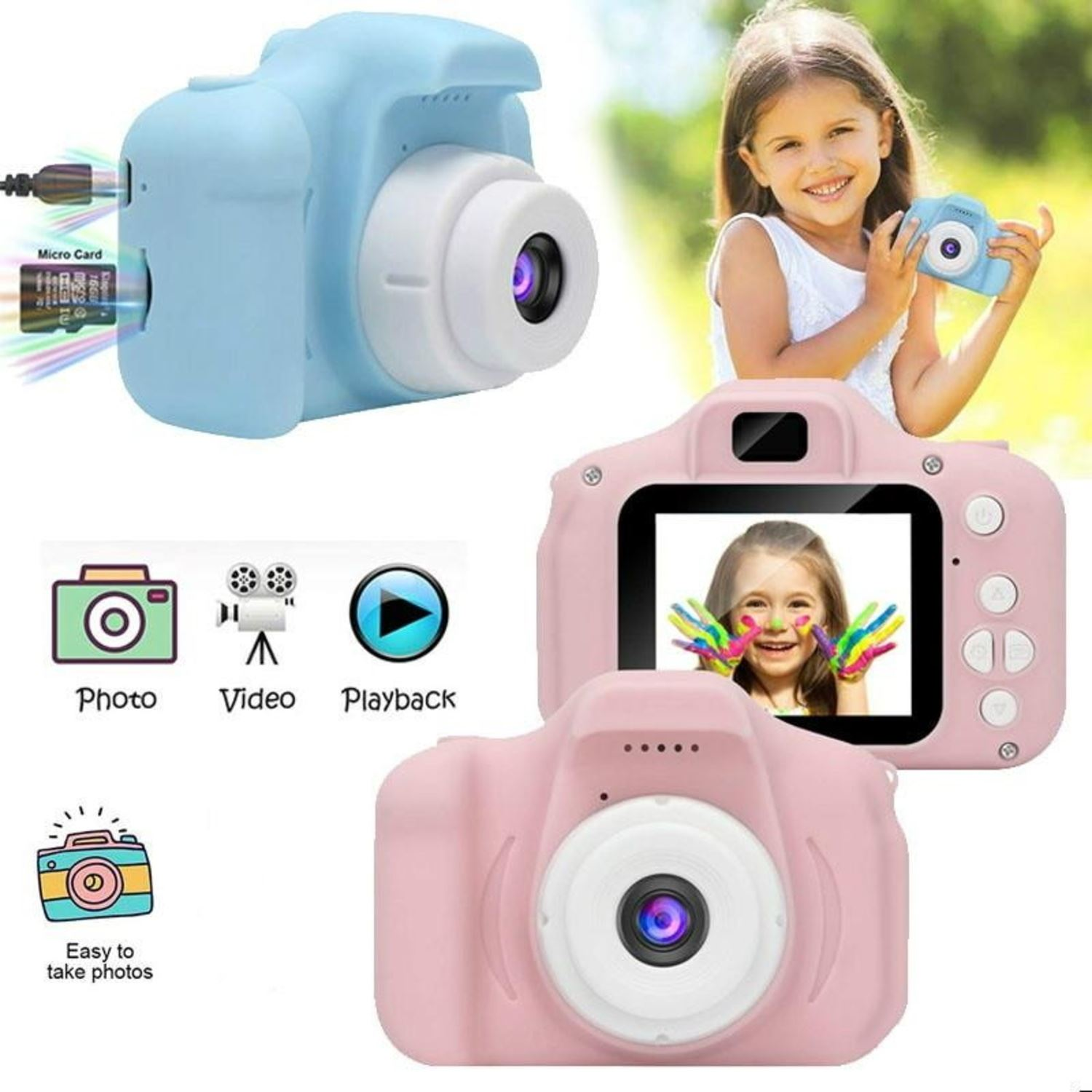 Immagini multiple di fotocamere giocattolo blu e rosa, che mostrano funzionalità e una ragazza che ne usa una.