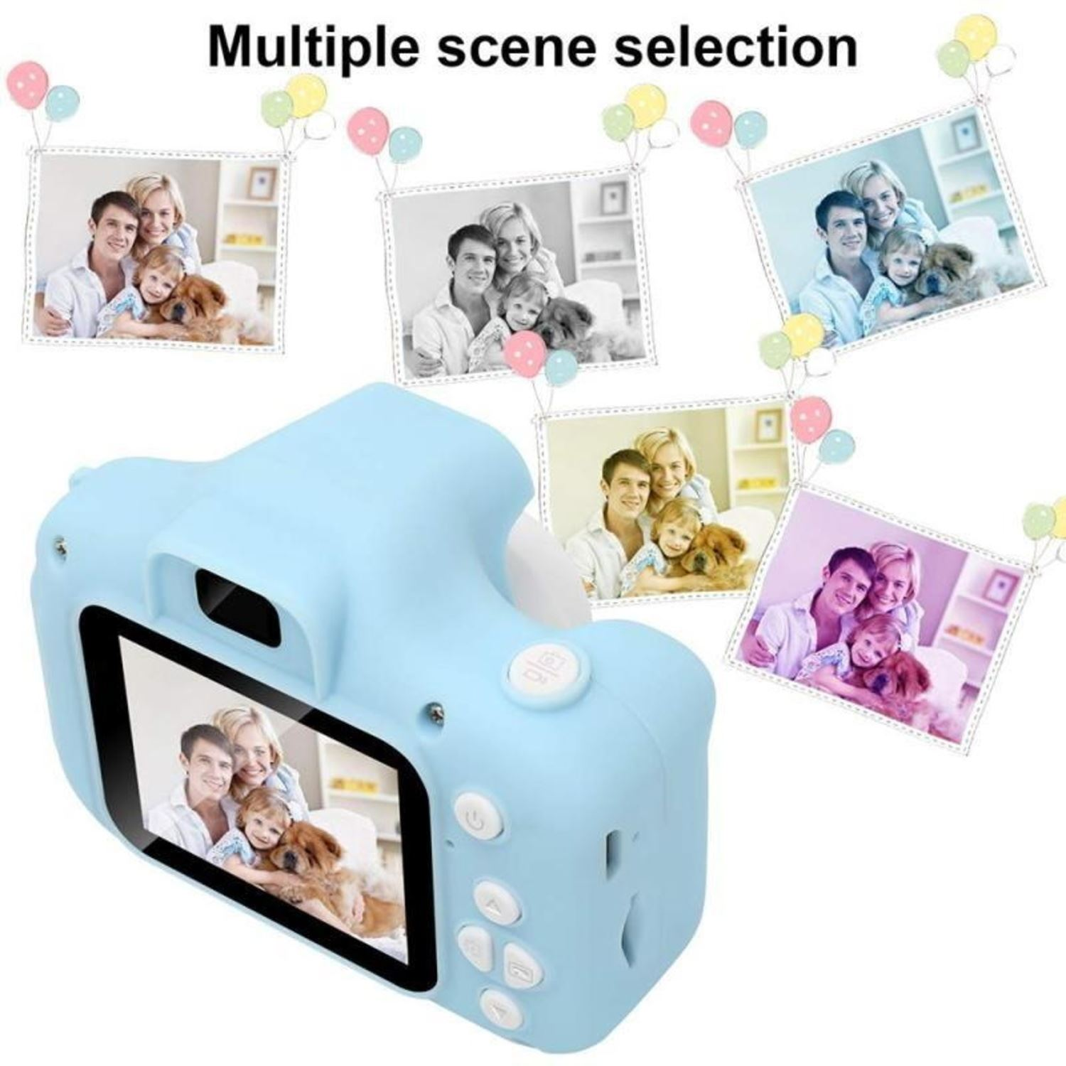 Una fotocamera blu per bambini con anteprime multiple delle immagini.