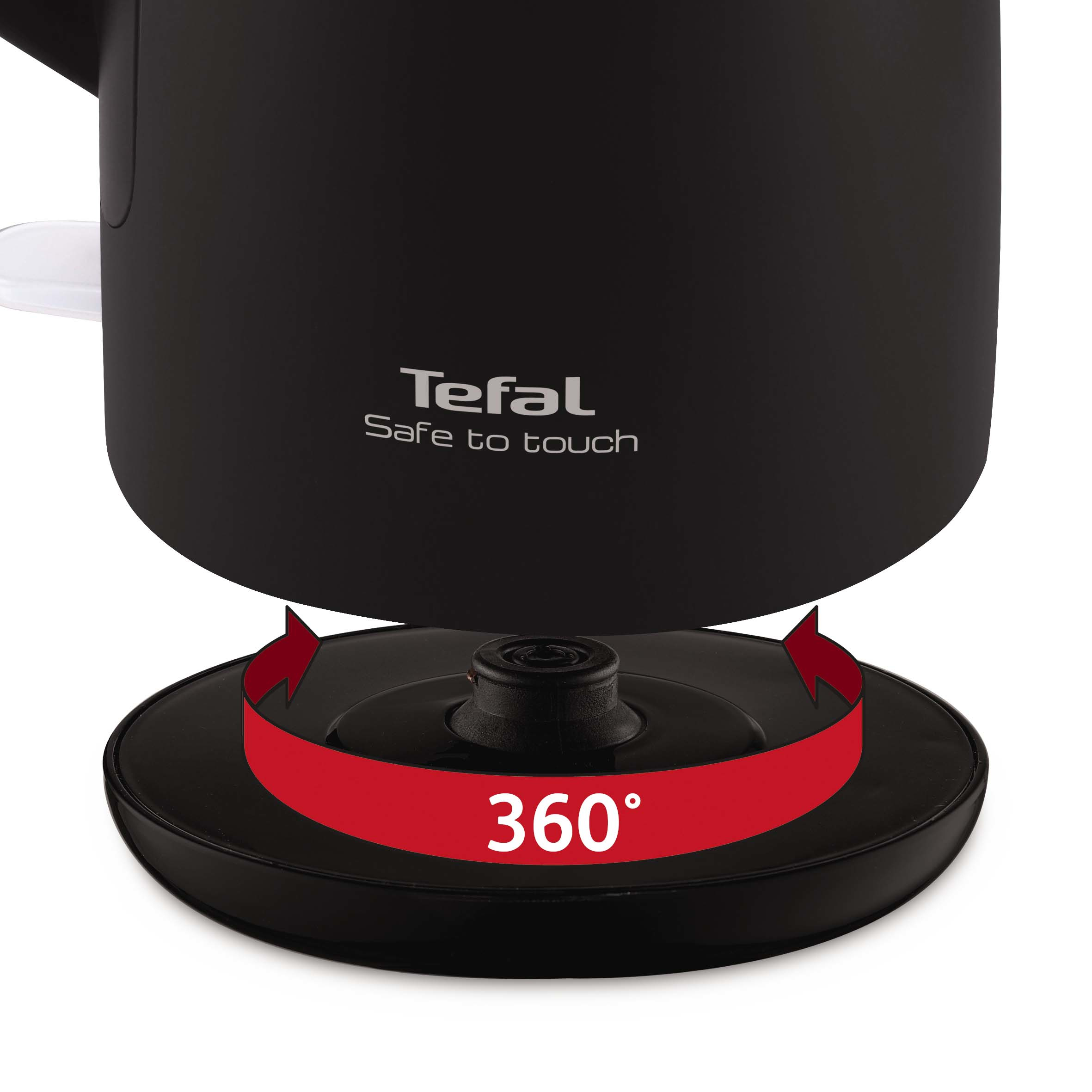 Schwarzer Wasserkocherfuß mit rotem Pfeil, der 360° Drehung anzeigt. Der Wasserkocher ist schwarz mit Tefal-Logo.