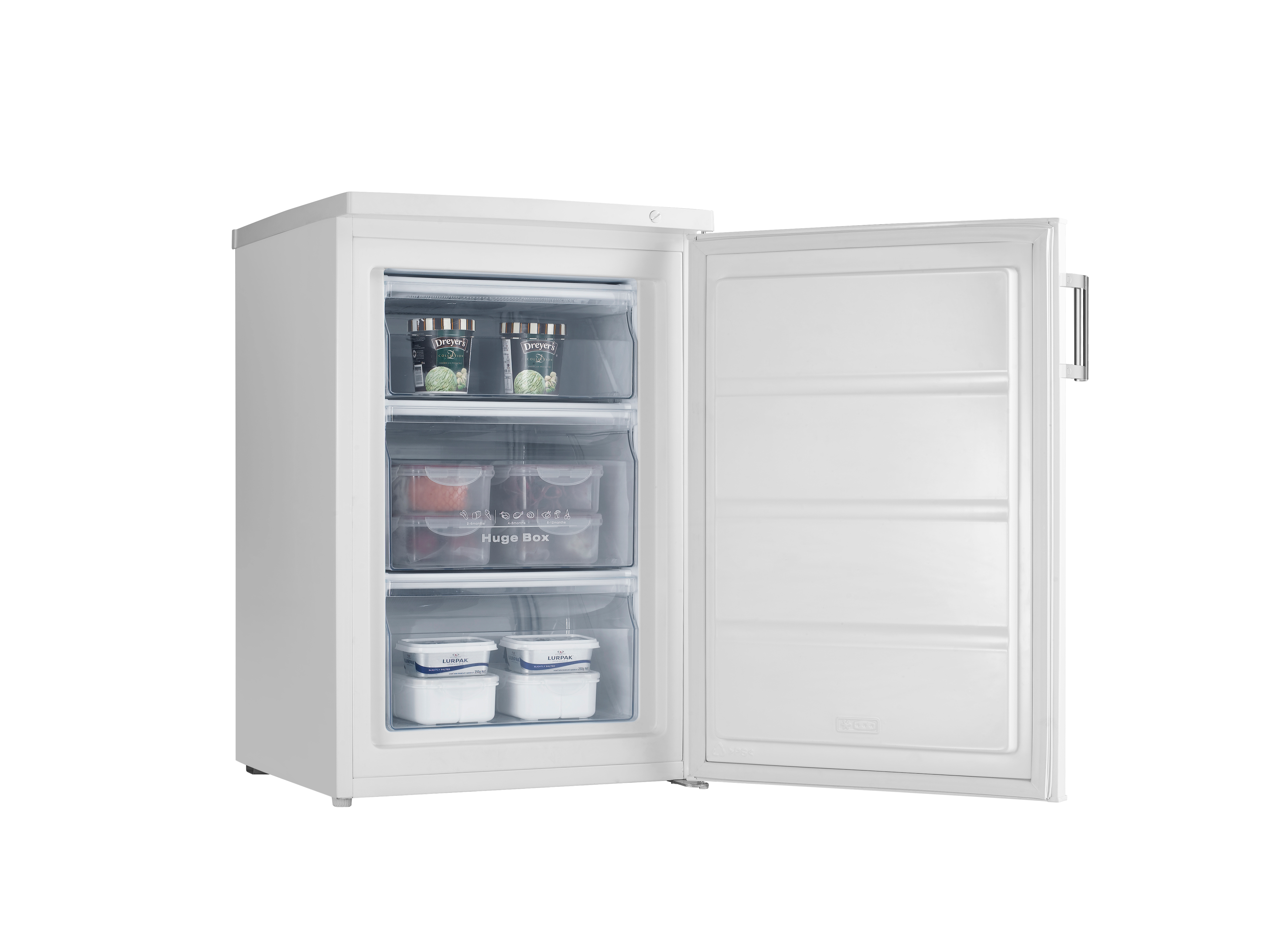 Biała zamrażarka z otwartymi drzwiami, pokazująca trzy szuflady i pojemniki z mrożonkami.