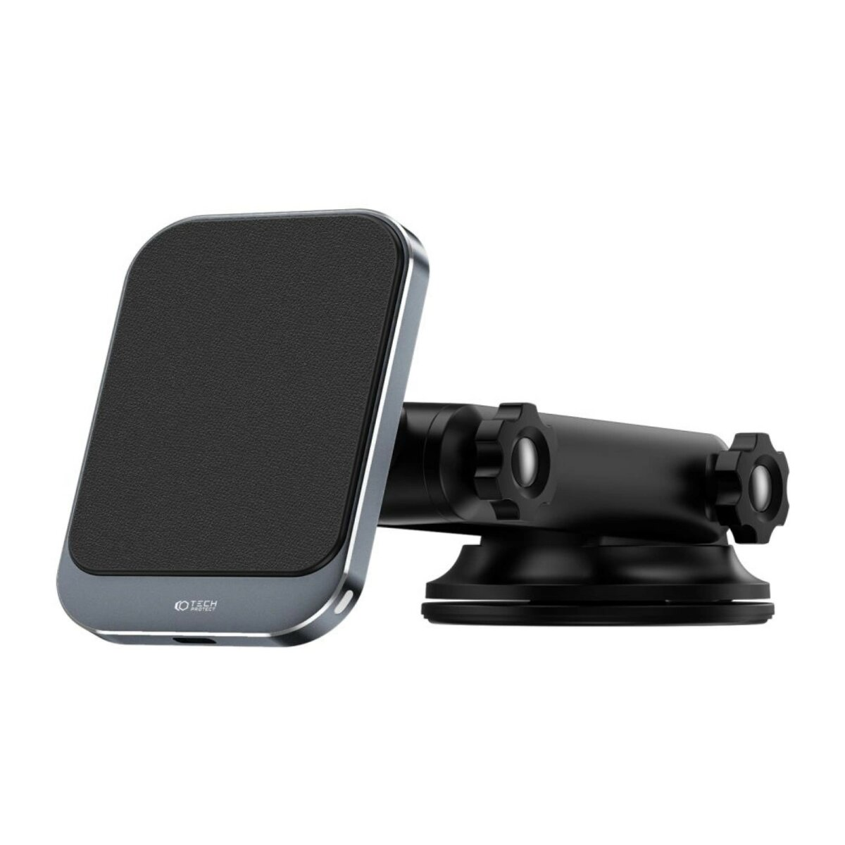 Schwarze Telefonhalterung für Auto mit grauem Magnetpad und verstellbarem Sockel.