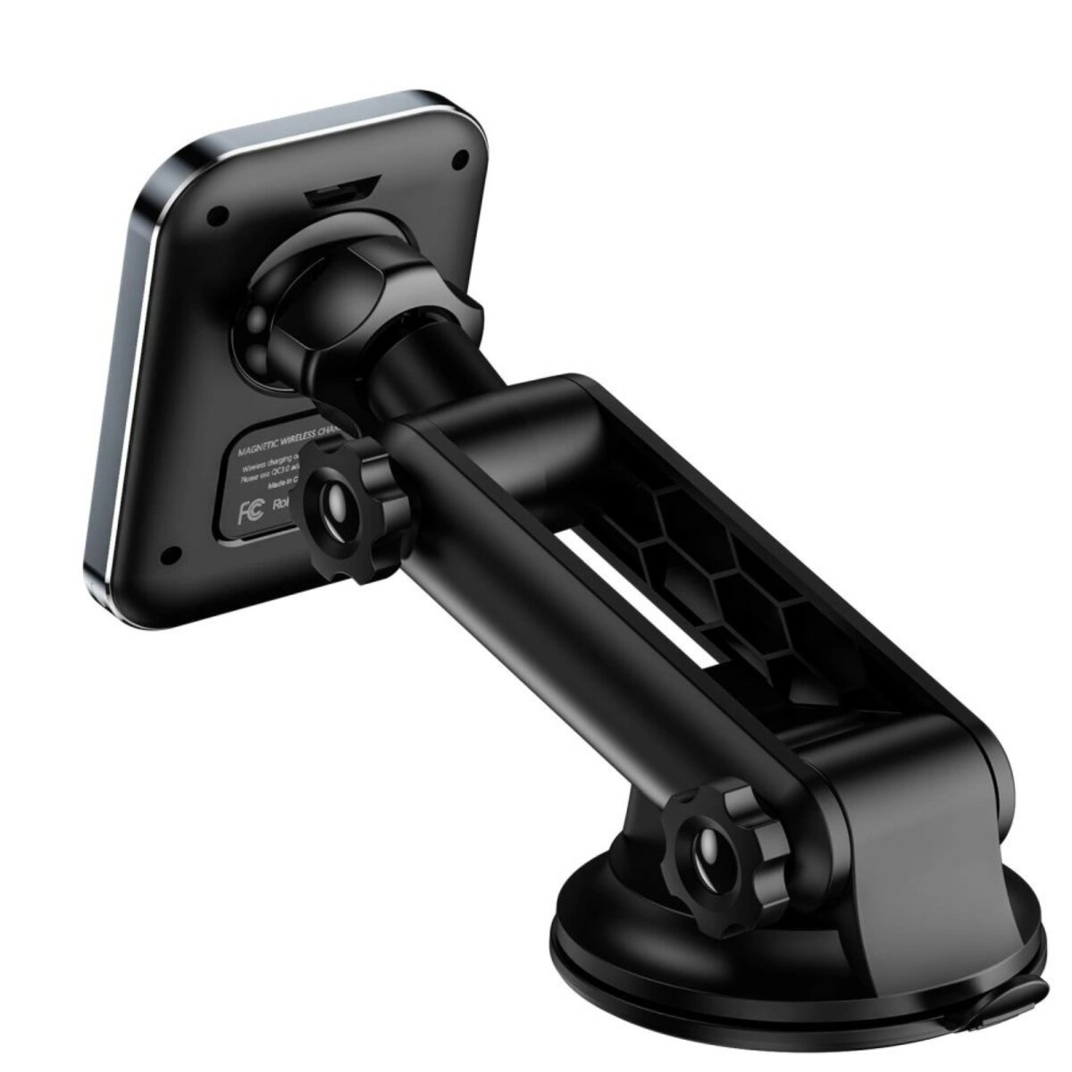 Schwarze Autotelefonhalterung mit Saugnapf und verstellbarem Arm sowie einem quadratischen Ladepad. Weißer Hintergrund.