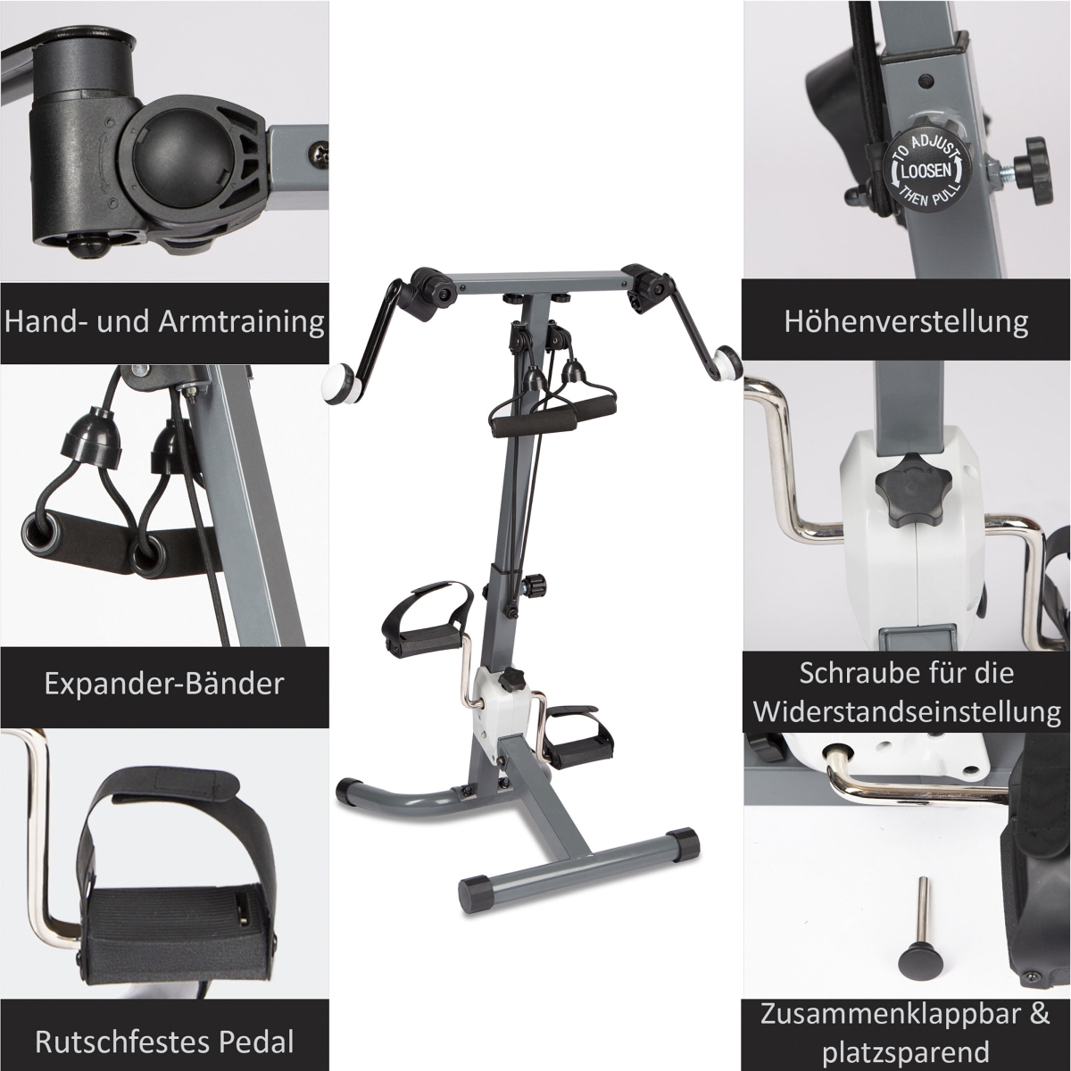 Heimtrainer mit beschrifteten Teilen. Zeigt Handtraining, höhenverstellbar, Widerstandsschraube und Pedal.