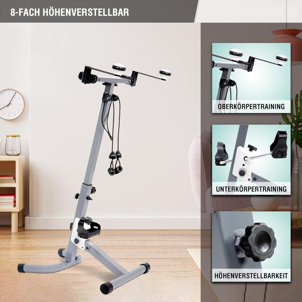 Graues Trainingsgerät mit mehreren Einstellpunkten für Ober- und Unterkörpertraining. Details der Maschine sind gezeigt.