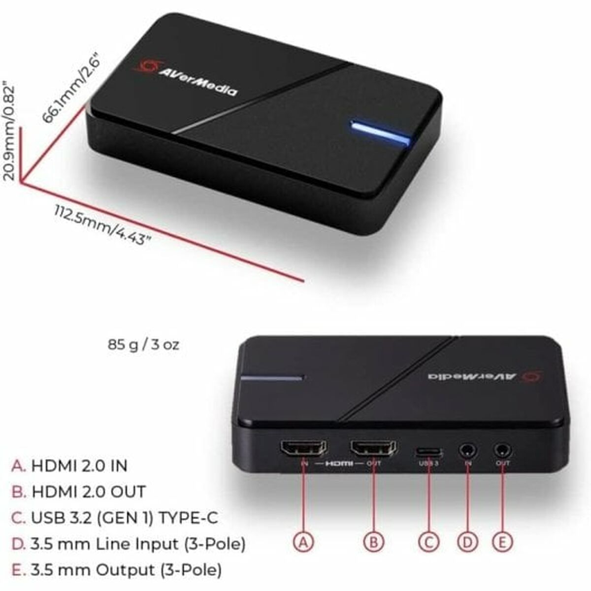 Czarne urządzenie AverMedia z wymiarami i opisanymi portami. Białe tło.
