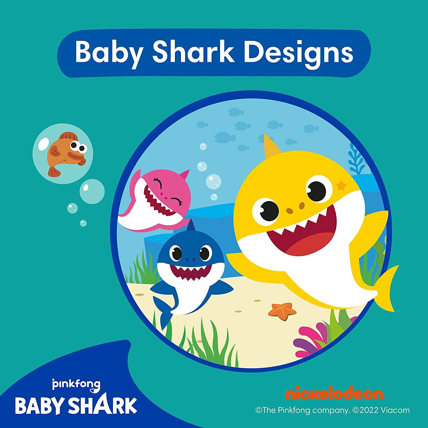 Baby Shark Cartoon-Design mit drei Haien in einem blauen Kreis. Pinkfong- und Nickelodeon-Logos sind ebenfalls vorhanden.