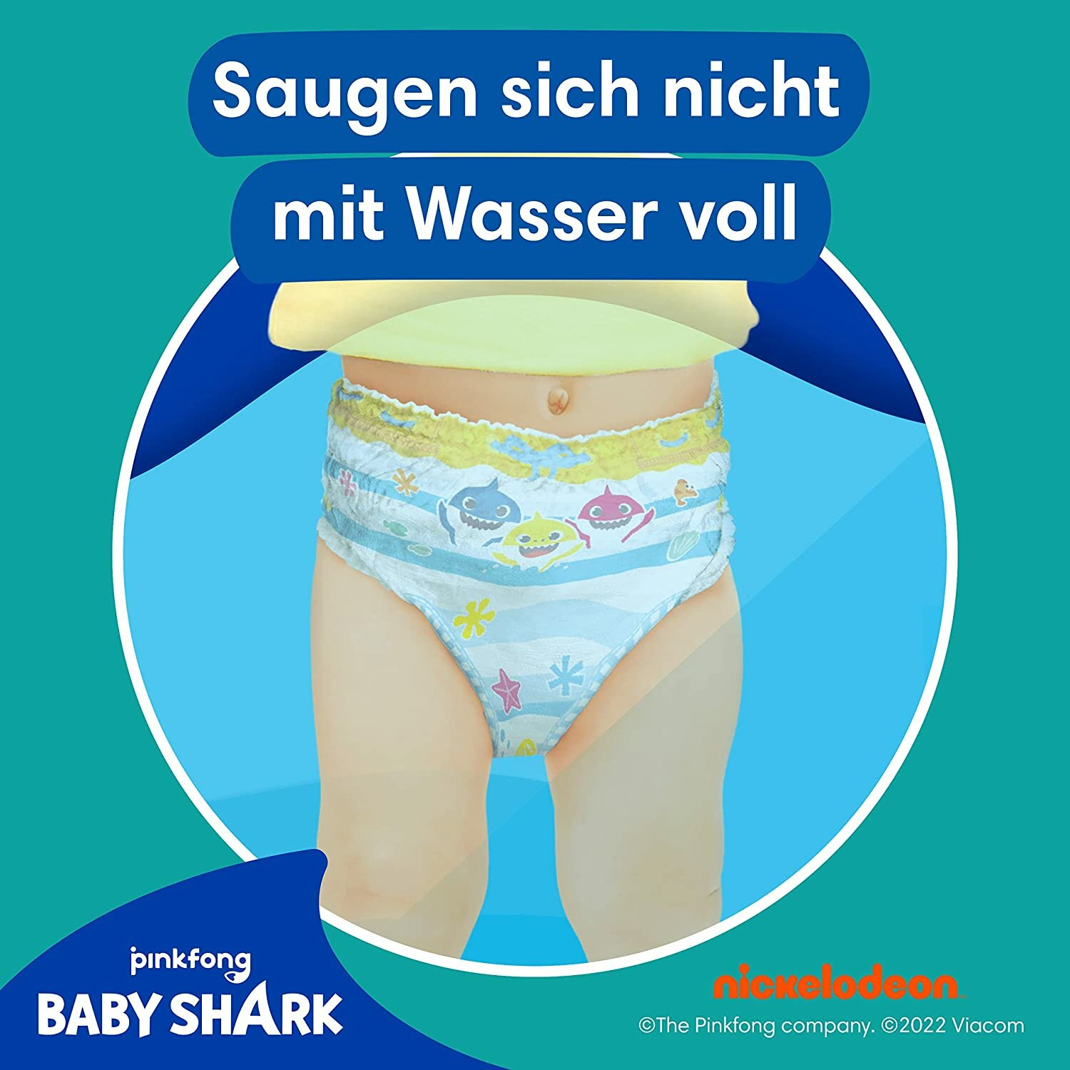Babywindel mit Baby-Shark-Charakteren. Text: Füllt sich nicht mit Wasser.