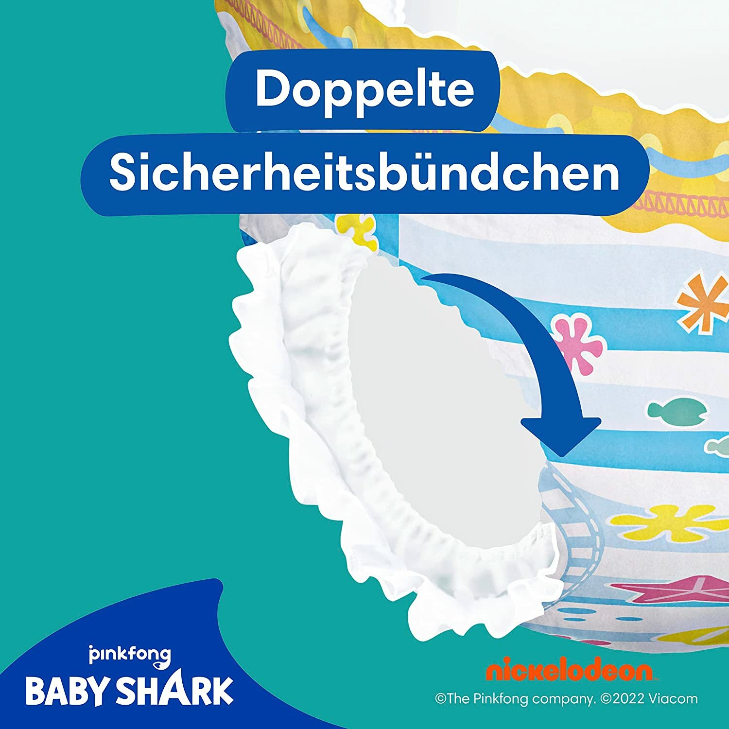 Nahaufnahme einer Windel mit doppelten Sicherheitsrändern, mit einem Pfeil, der auf die Öffnung zeigt.