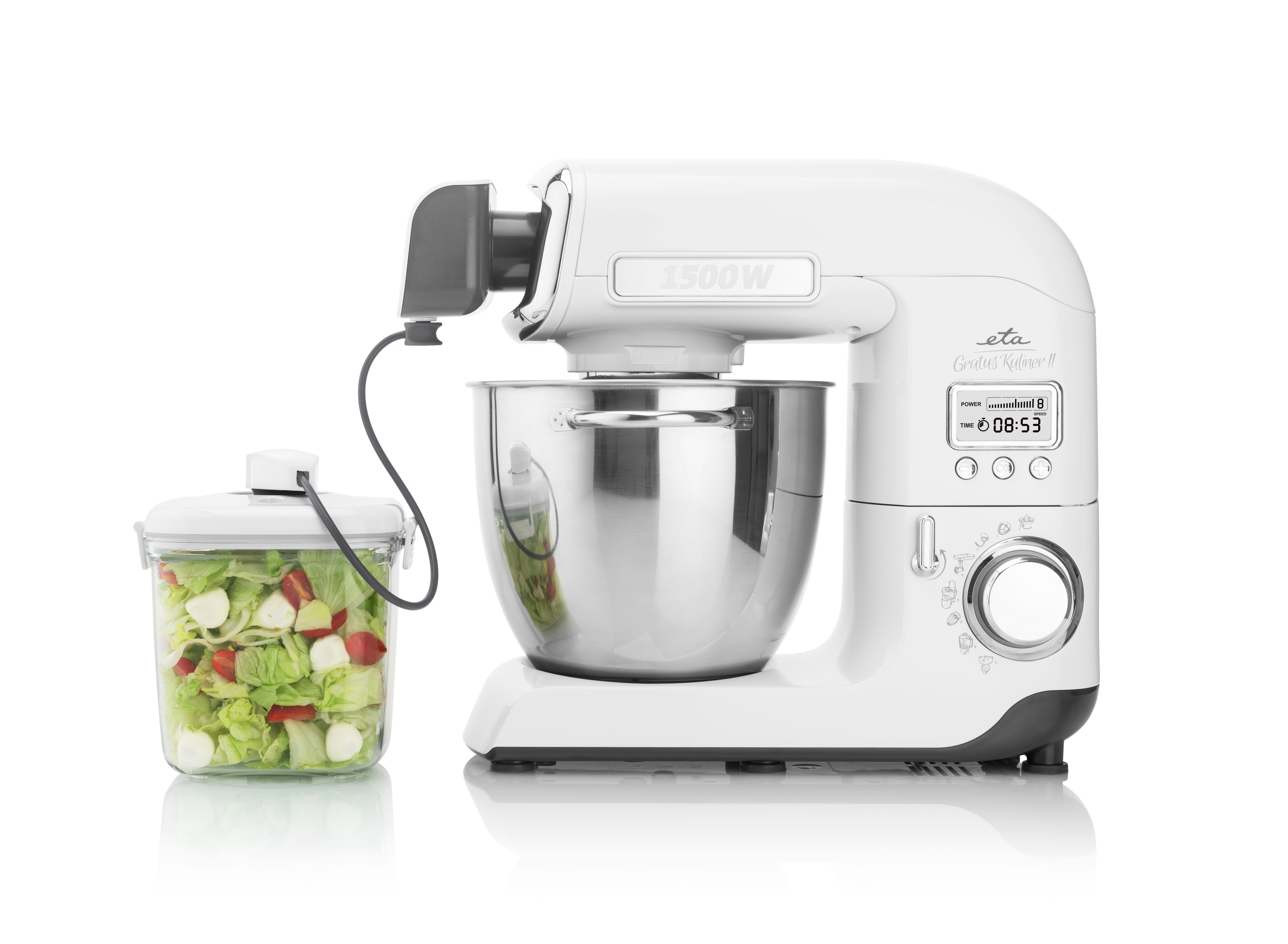 Ein weißer Küchenmixer mit einer Schüssel und einem Salatbehälter. Er ist weiß.