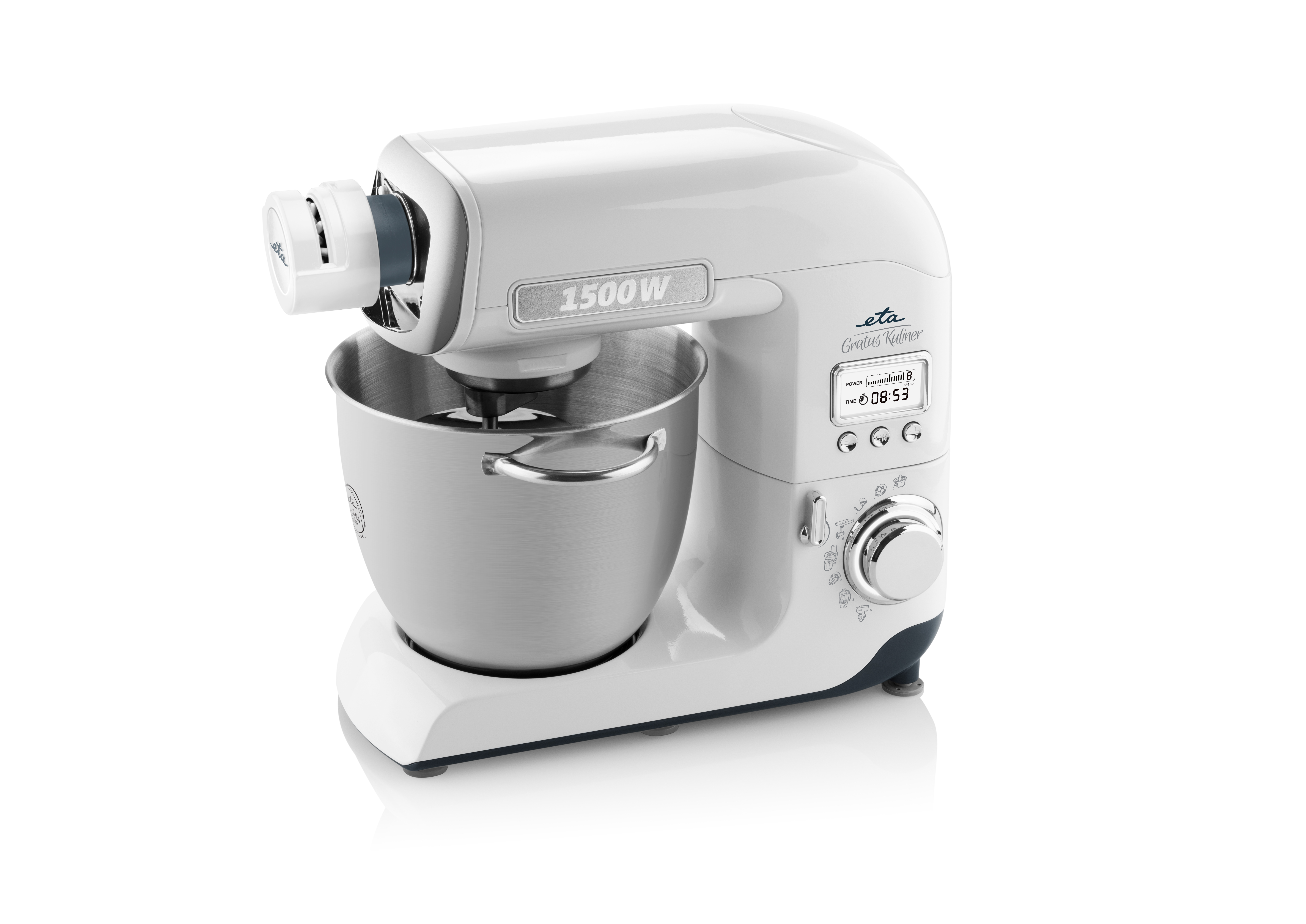 Weißer Küchen-Standmixer mit Metallschüssel und digitaler Anzeige, vor weißem Hintergrund.