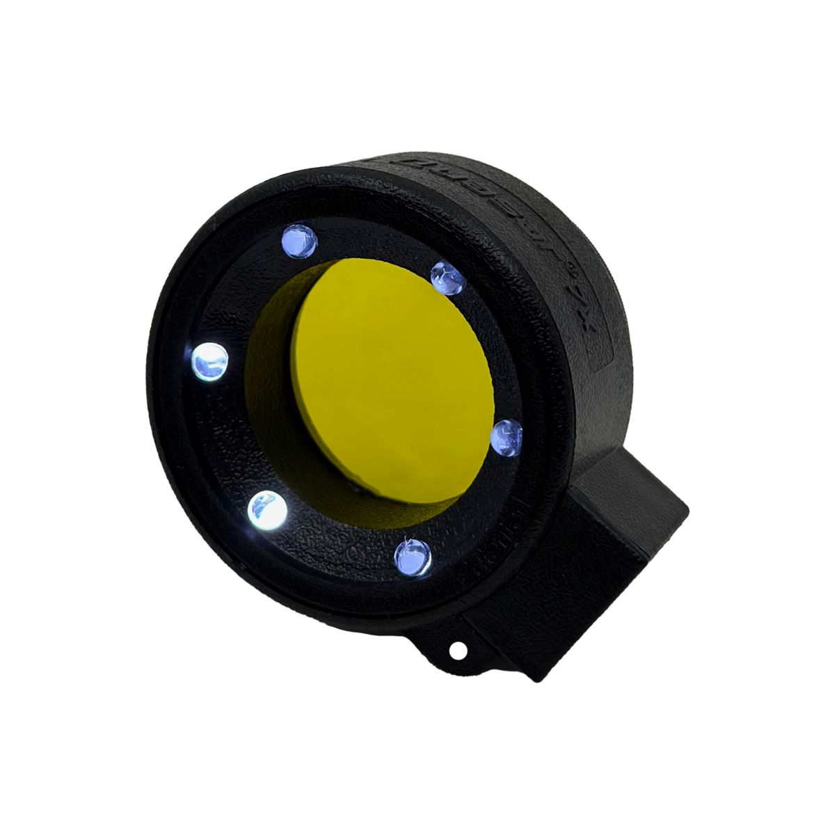 Schwarzes Licht mit LED-Leuchten um eine gelbe Linse. Weißer Hintergrund.