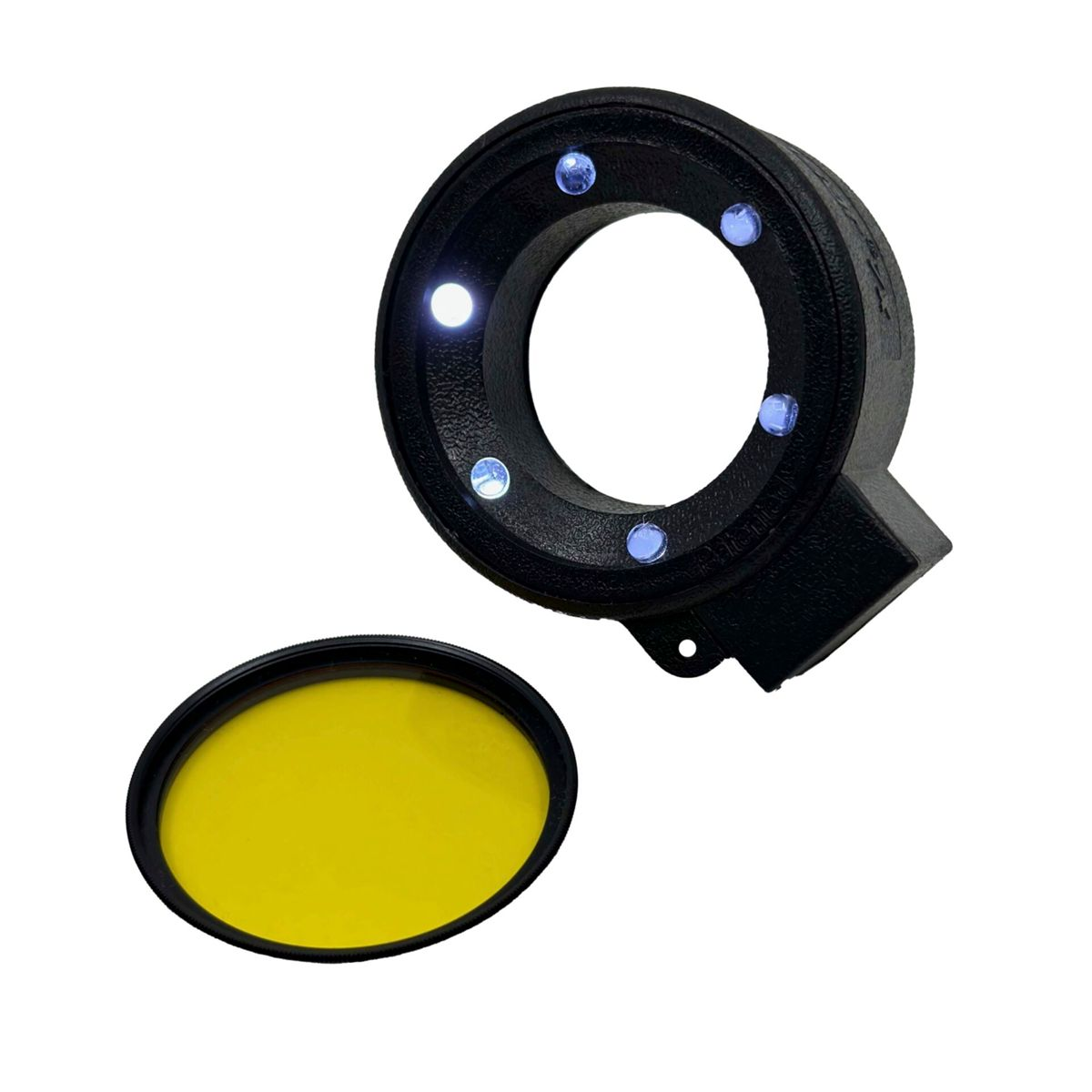 Schwarzes kreisförmiges Licht mit 6 LEDs und einem gelben Filter. Das Licht hat einen schwarzen Ring.