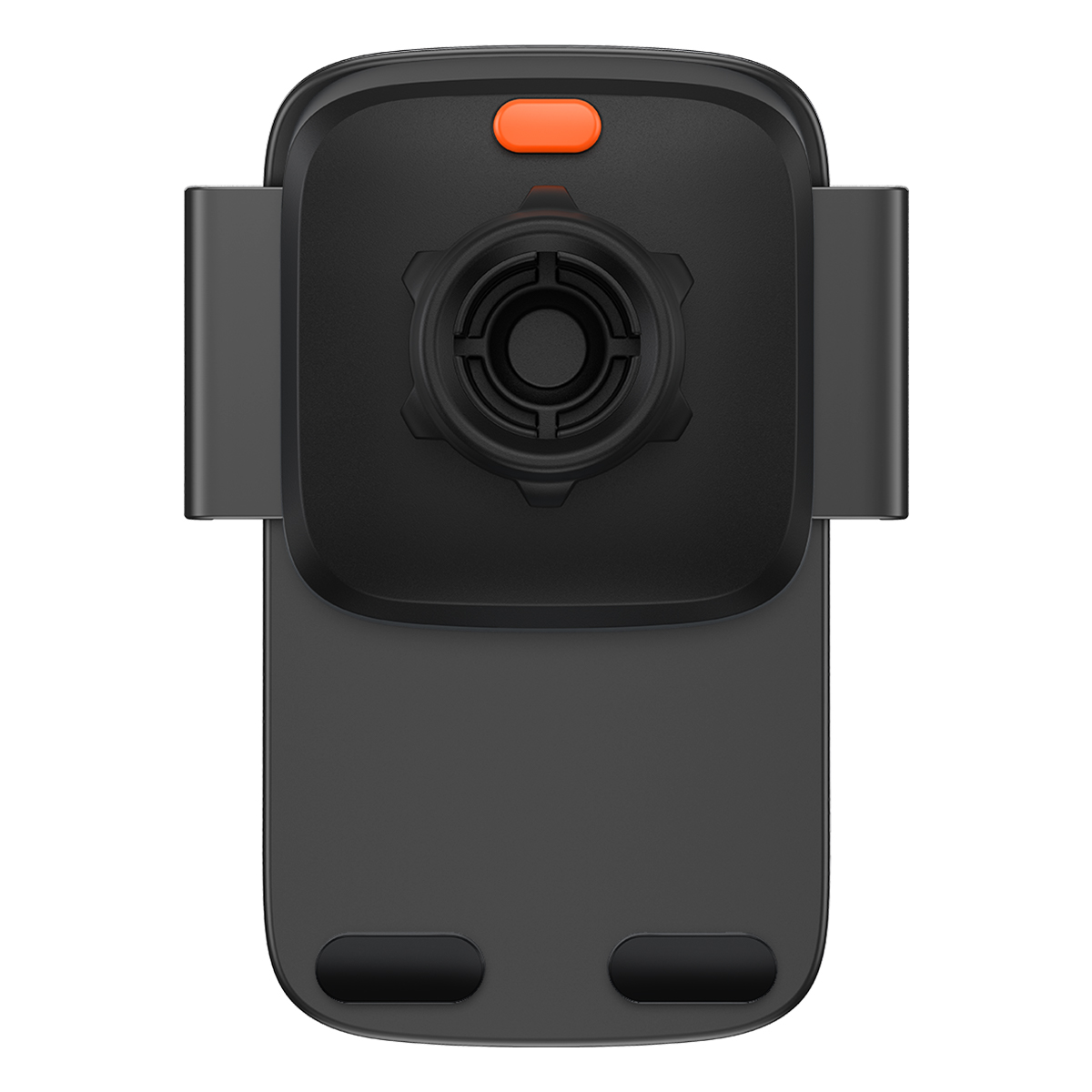 Zwarte telefoonhouder voor in de auto, bovenaanzicht, oranje knop bovenop.