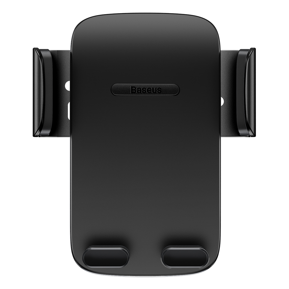 Zwarte telefoonhouder voor in de auto, met twee armen om de telefoon vast te houden. Baseus-logo is zichtbaar. Witte achtergrond.