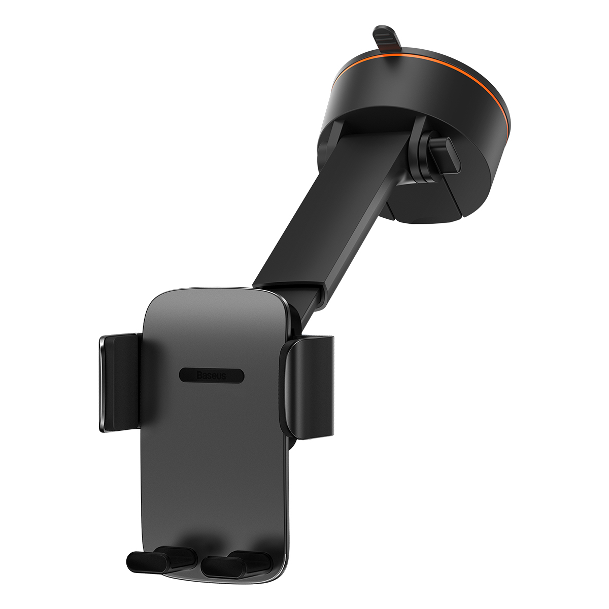 Een zwarte telefoonhouder voor in de auto met een zuignap en verstelbare arm.