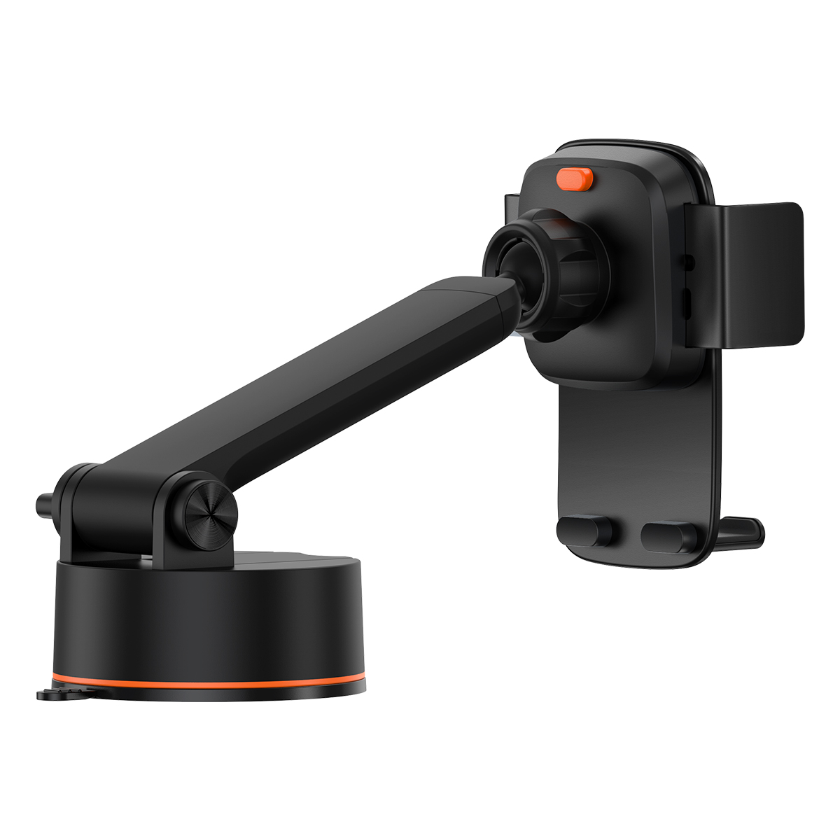Zwarte telefoonhouder voor in de auto met oranje accenten, uitschuifbare arm.