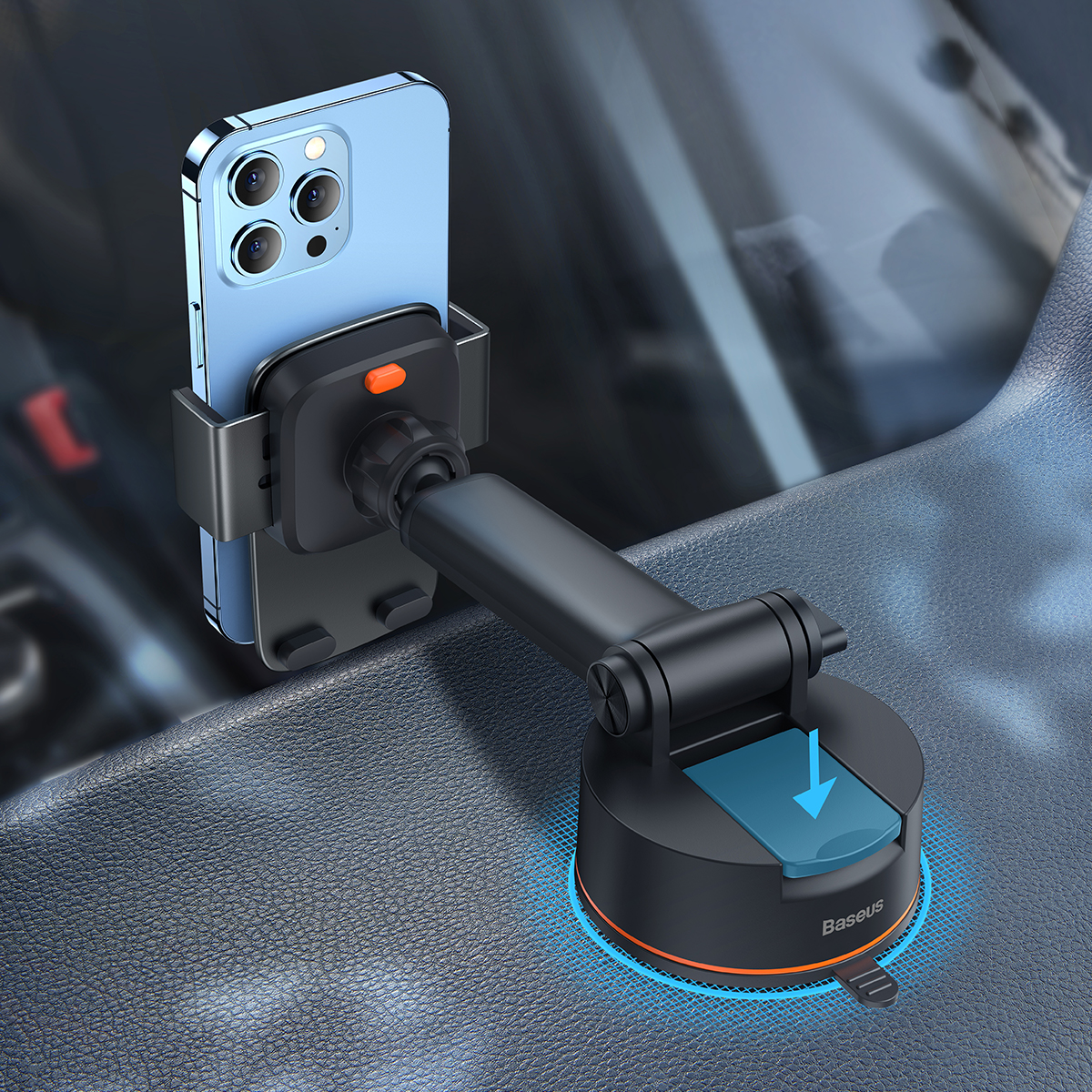 Telefoonhouder voor in de auto met een blauwe telefoon. De houder heeft een zuignap.