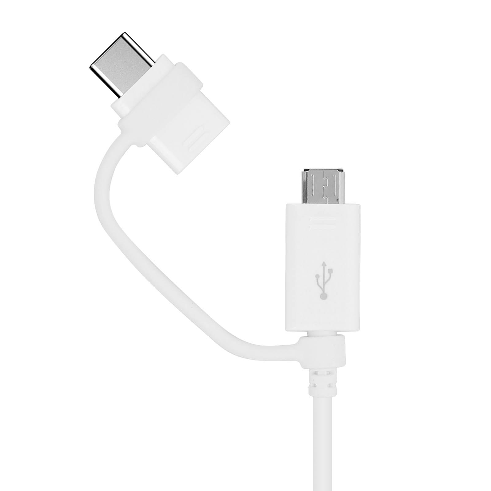 Cavo USB a Micro USB bianco con adattatore Type-C, su sfondo bianco.