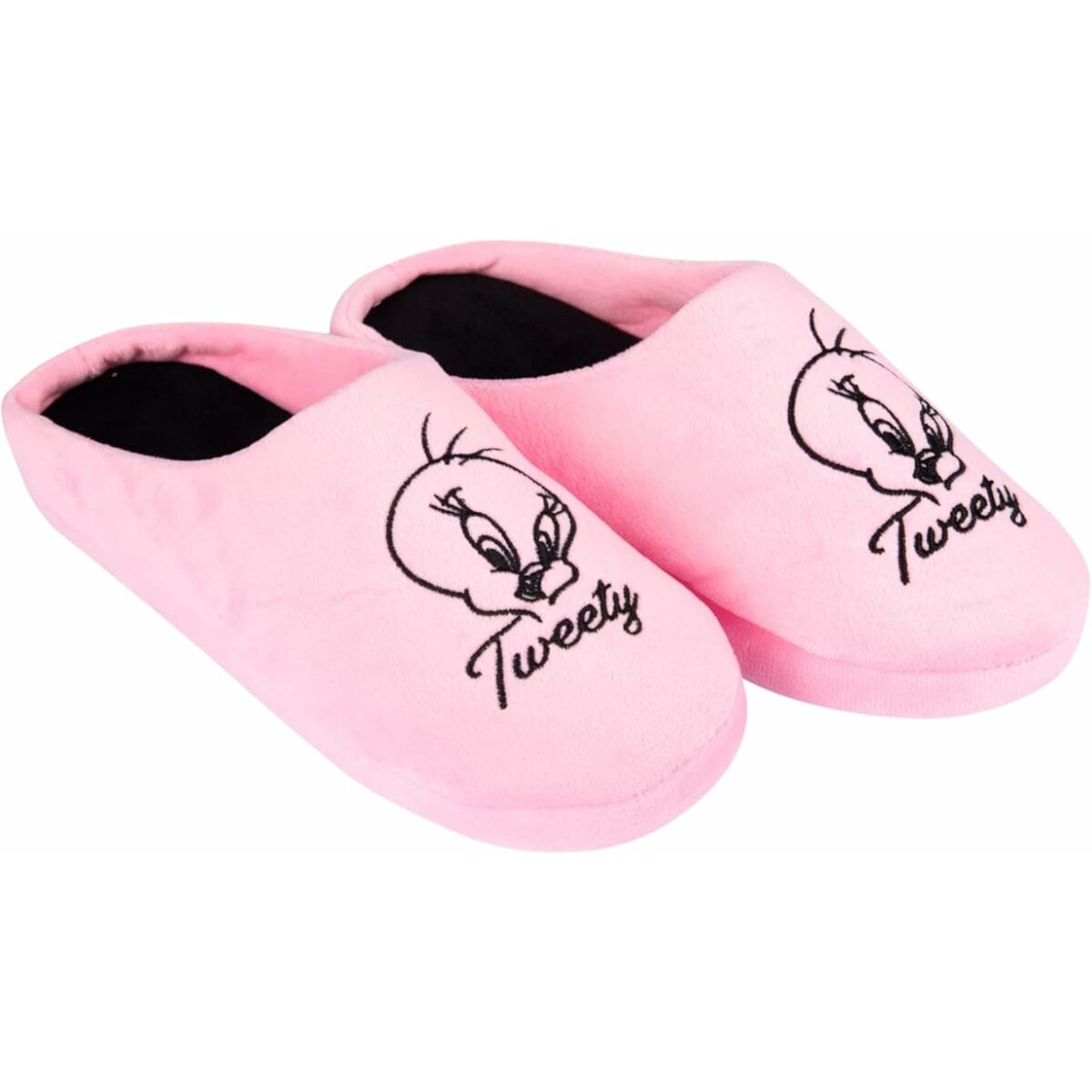 Roze Tweety Bird-pantoffels. Ze hebben Tweety's gezicht erop geborduurd.